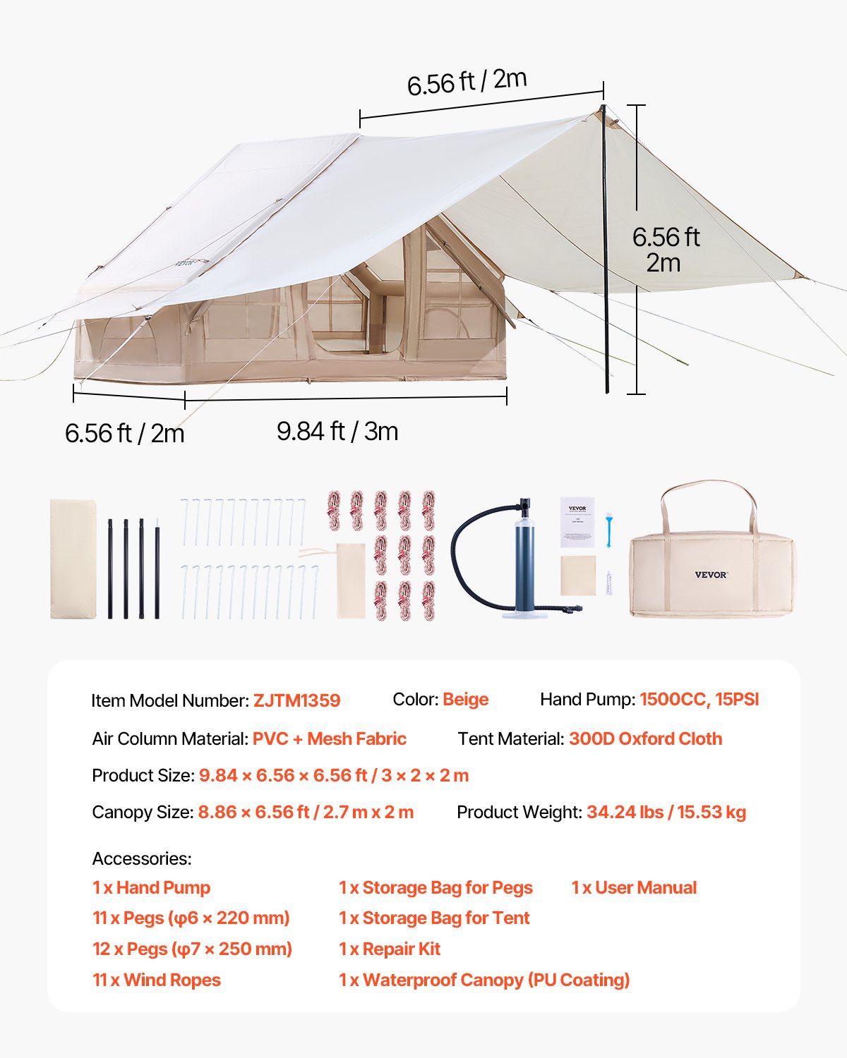 Inflatable Tents for Camping, 3-5 Person Easy Setup Blow up Tent with Hand Pump, 300D Oxford 4 Season Glamping Tent with Canopy, Stove Jack, 2 Doors & 2 Mesh Windows (Storage Bag Included)