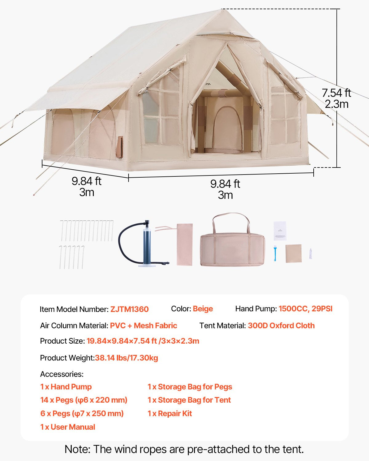 Inflatable Tents for Camping, 4-6 Person Easy Setup Blow up Tent with Hand Pump, 300D Oxford 4 Season Glamping Tent with Stove Jack 2 Doors & 4 Mesh Windows, Storage Bag Included for Easy Taking