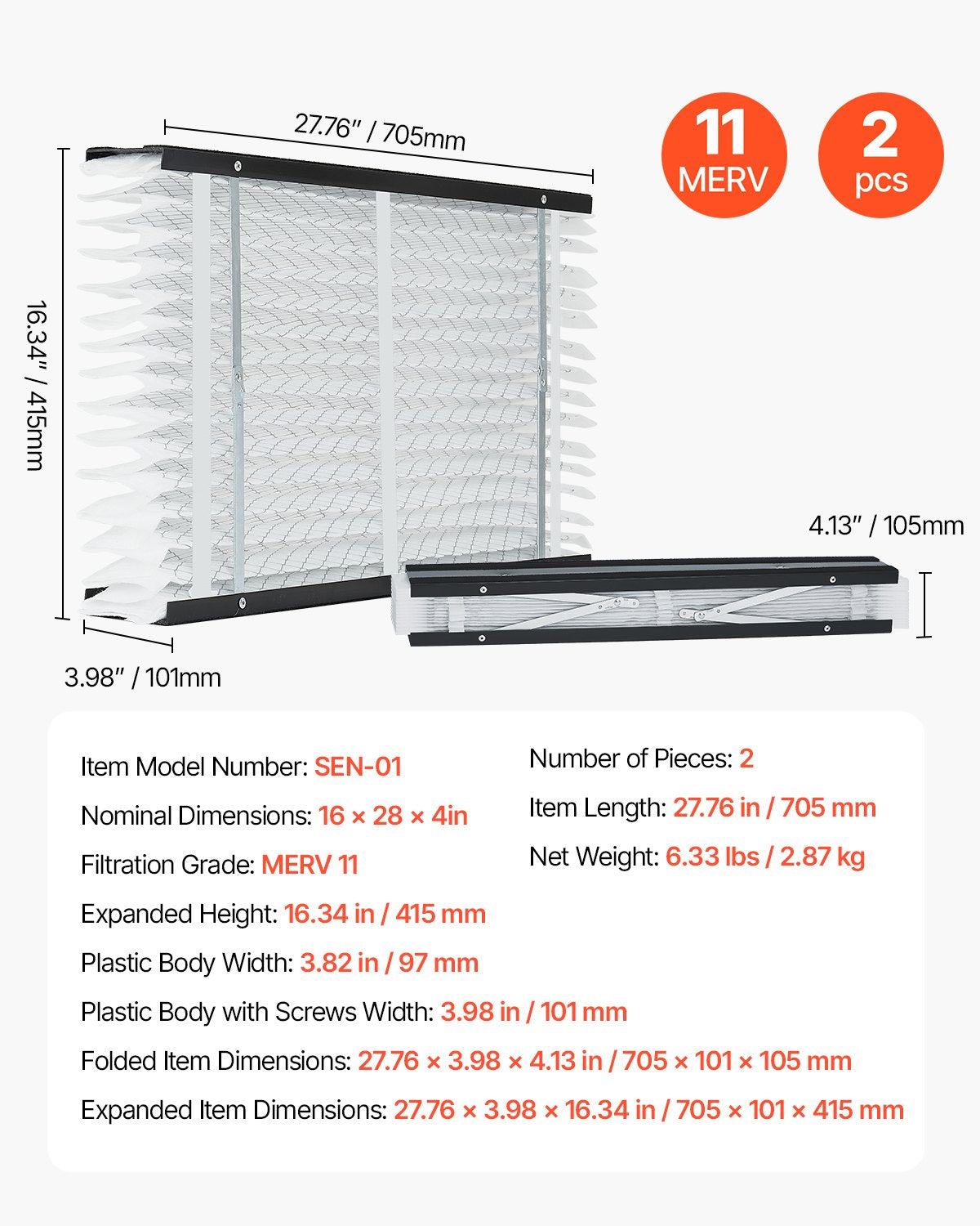 16 x 28 x 4 Furnace Filter, MERV 11 HVAC Ac Filters,12-Month Electrostatic Pleated Air Conditioner Filters, 2-Pack (Actual Size: 16.34 x 27.76 x 3.98 Inch) for Capturing Dust, Smog, Pet Dander