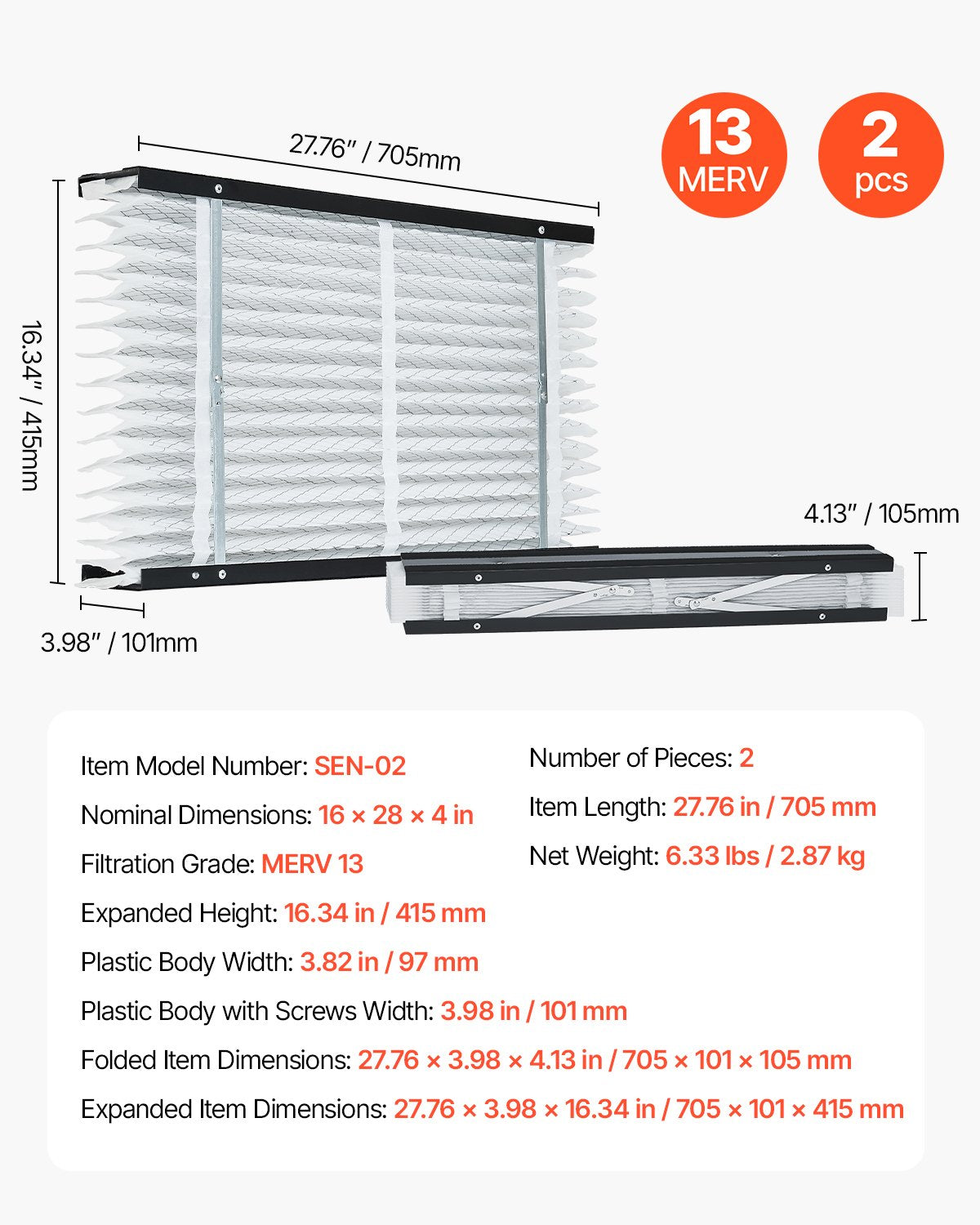 16 x 28 x 4 Furnace Filter, MERV 13 HVAC Ac Filters,12-Month Electrostatic Pleated Air Conditioner Filters, 2-Pack (Actual Size: 16.34 x 27.76 x 3.98 Inch) for Capturing Dust, Smog, Pet Dander