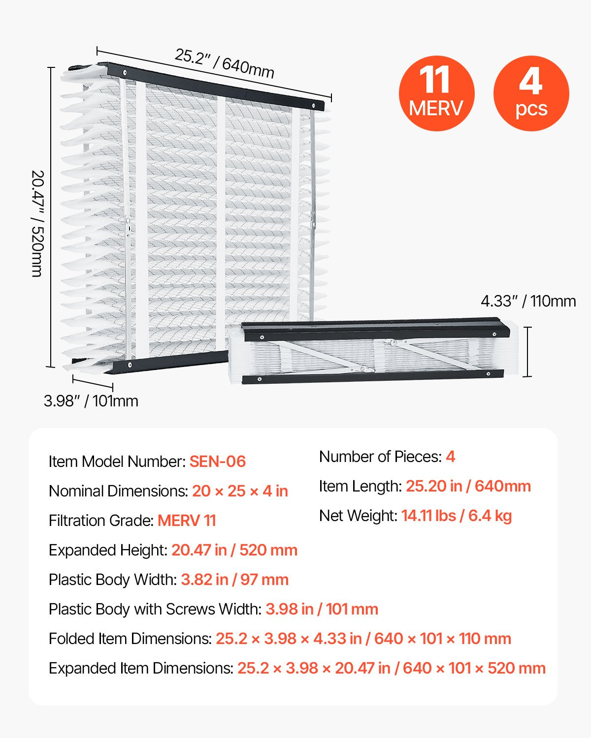 20 x 25 x 4 Furnace Filter, MERV 11 HVAC Ac Filters,12-Month Electrostatic Pleated Air Conditioner Filters, 4-Pack (Actual Size: 20.47 x 25.20 x 3.98 Inch) for Capturing Dust, Smog, Pet Dander