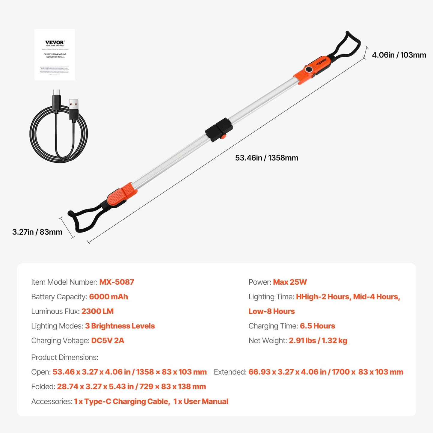 Underhood Work Light, 2300LM, 6000mAh Rechargeable Bright LED Light, Portable Cordless Mechanic Work Light Bar with Hooks, for Car Repairing Inspection Garage Workshop Emergency Home Lighting