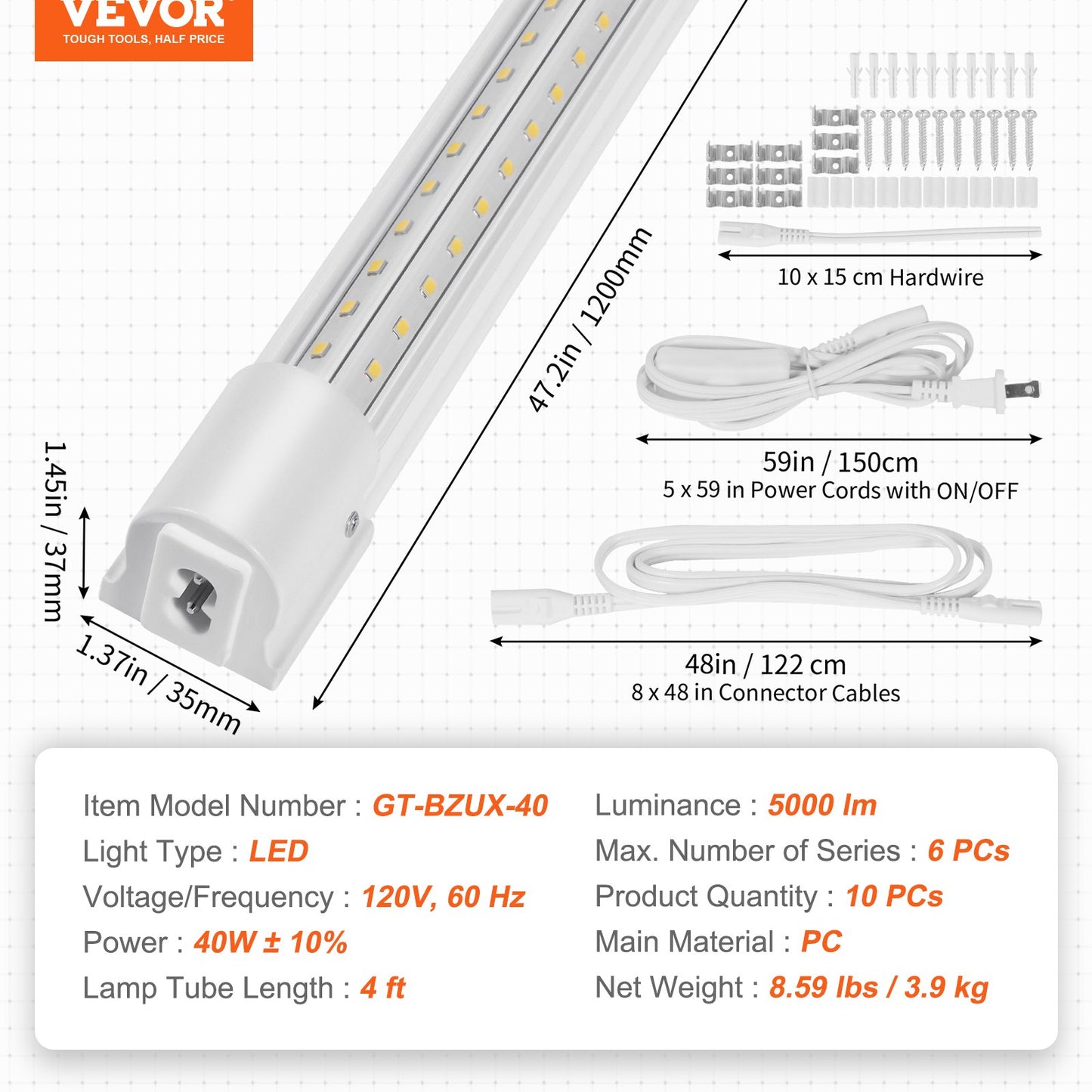 10 Pack LED Shop Light, 4 FT, 40W Linkable Shop Light Fixture, 6500 LM Ceiling Lights 59 in Power Cords with ON/OFF Switch 48 in Connector Cables, for Garage Warehouse Home Workkshop and Office