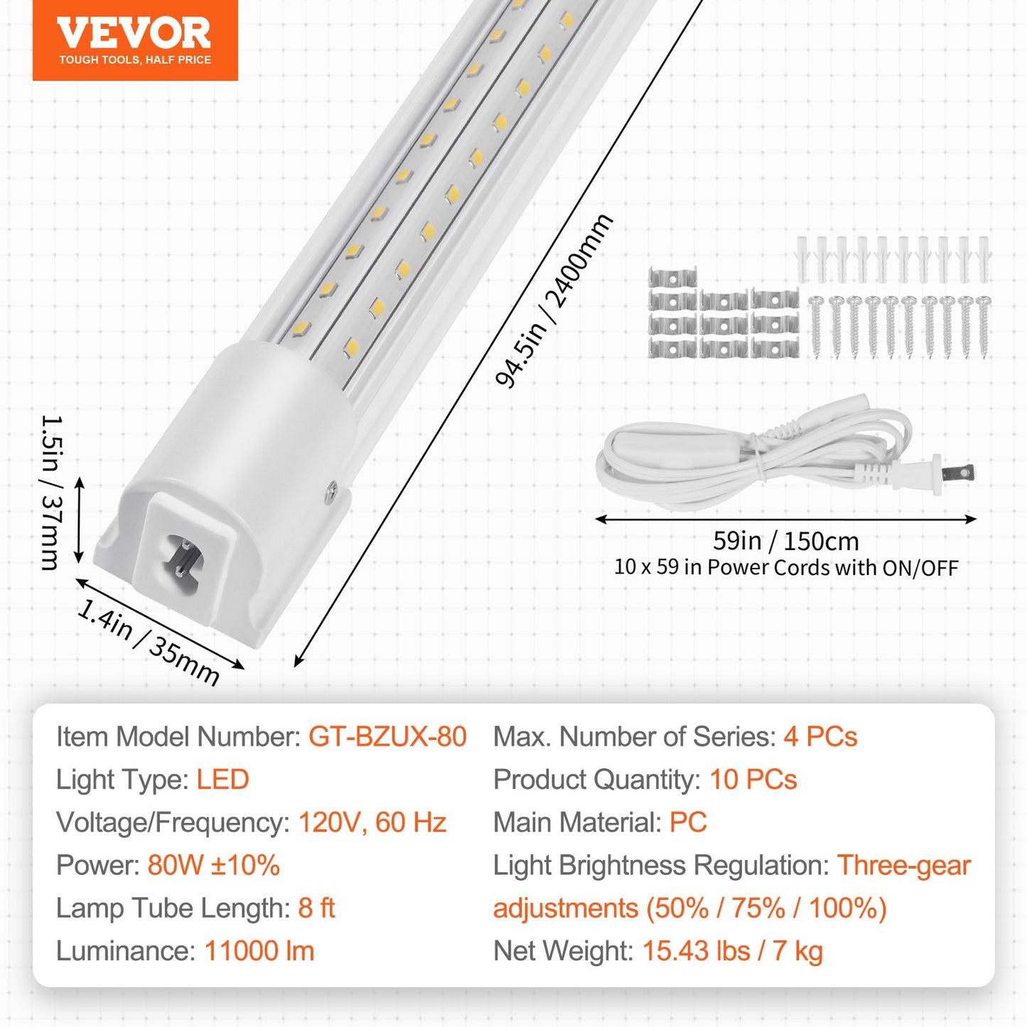 10 Pack LED Shop Light, 8 FT, 80W Linkable Shop Light Fixture, 10000 LM Ceiling Lights 59 in Power Cords with ON/OFF Switch 48 in Connector Cables, for Garage Warehouse Home Workkshop and Office
