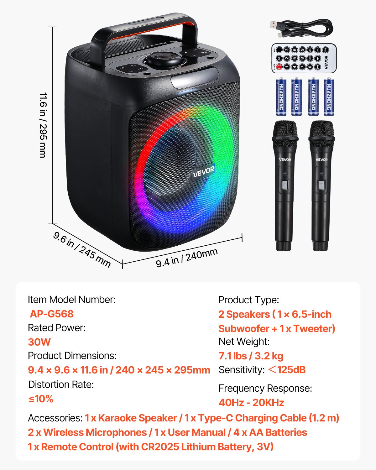 Karaoke Machine for Adults, 30W, 6.5-inch Portable Bluetooth Speaker with 2 Wireless Microphones, LED Light, TWS Function, Handle, Support Micro TF Card, USB, AUX, for Home Karaoke Party Singing