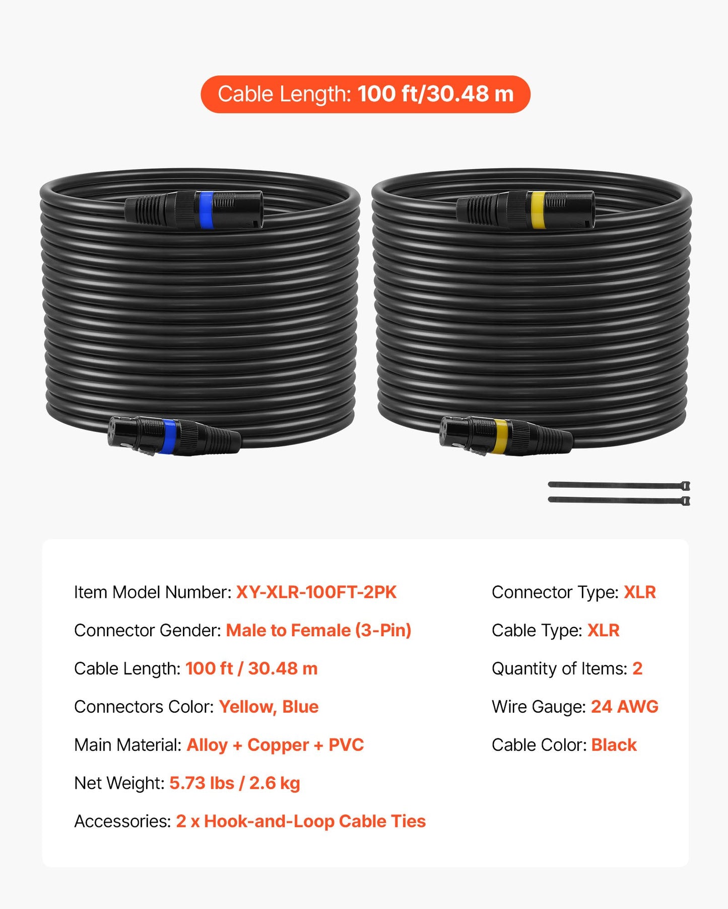 XLR Cable 100 ft, 2 Pack, Shielded Balanced DMX Male to Female Microphone Cables, Gold-Plated 3-Pin XLR Mic Speaker Cord Wires, for Stage Lighting, Microphones, Amplifier, Mixer, Speaker Systems
