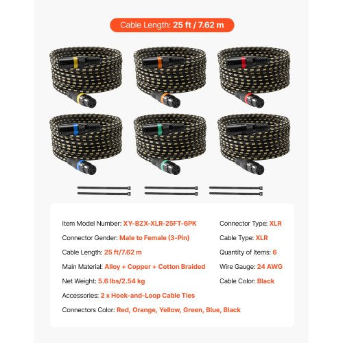 XLR-kabel 7,62 m, 6-pack, skärmade balanserade DMX-hane till hona-mikrofonkablar, guldpläterade 3-poliga XLR-mikrofonhögtalarkablar, för scenbelysning, mikrofoner, förstärkare, mixer, högtalarsystem | EU