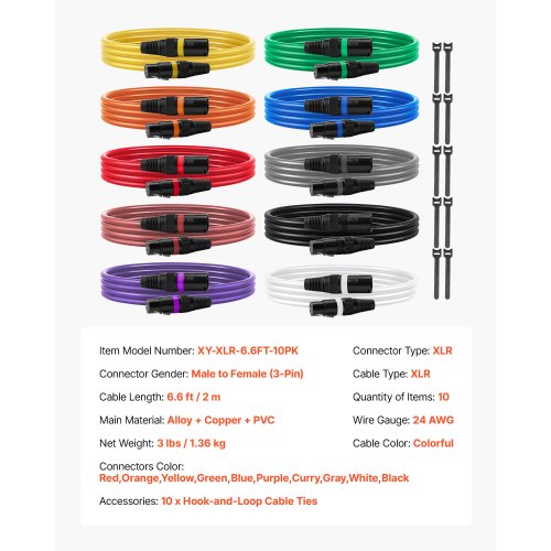 XLR-kabel 2 m, 10-pack, skärmad balanserad DMX-hane till hona-mikrofonkablar, guldpläterade 3-poliga XLR-mikrofonhögtalarkablar, för scenbelysning, mikrofoner, förstärkare, mixer, högtalarsystem | EU