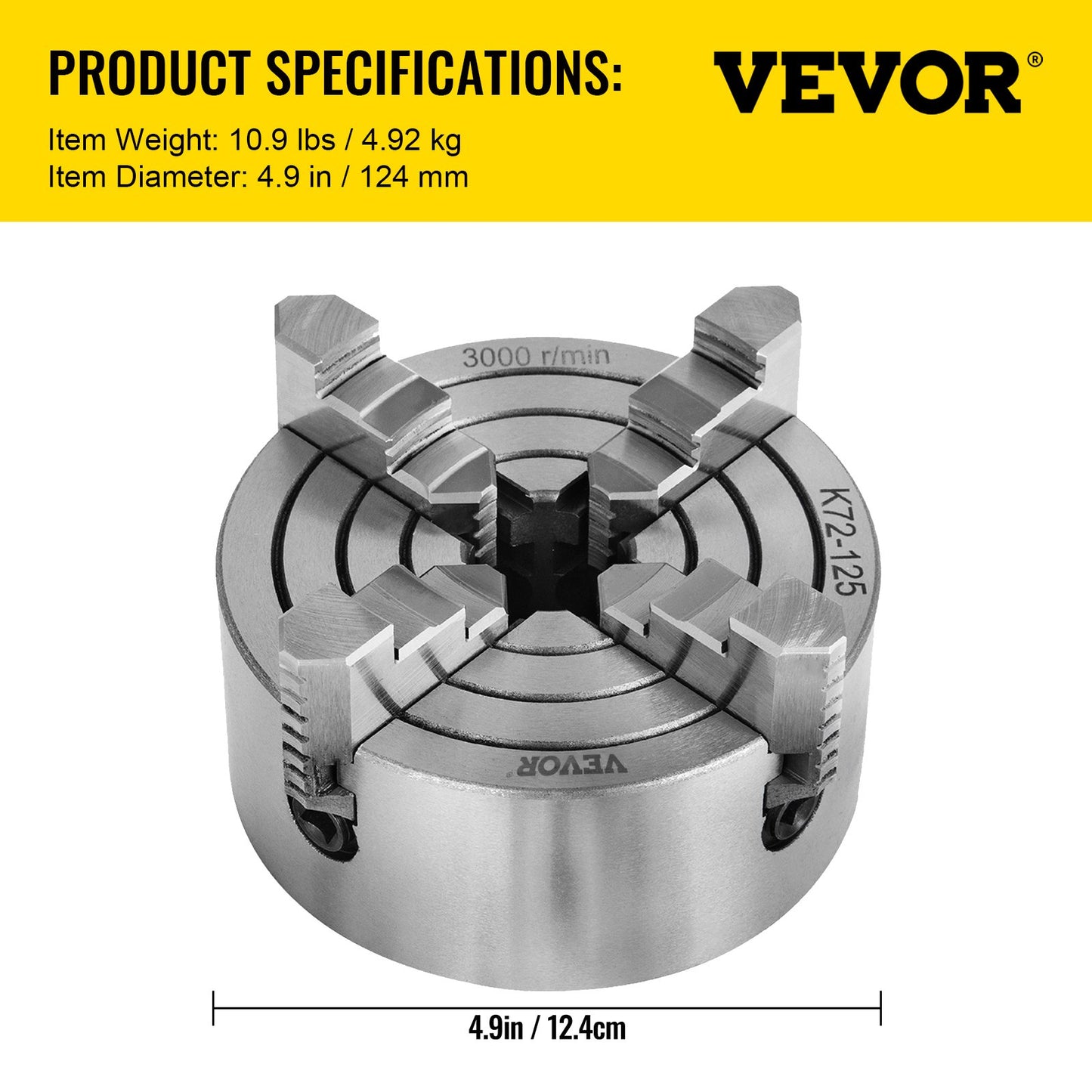 K72-125 Lathe Chuck, 5 Inch, 4-Jaw, Independent Metal Lathe Chuck with Reversible Jaw, Cast Iron Body, 0.276 -2.244 in Internal 1.89 -4.92 in External Jaw Clamping Range, for Lathes Machine