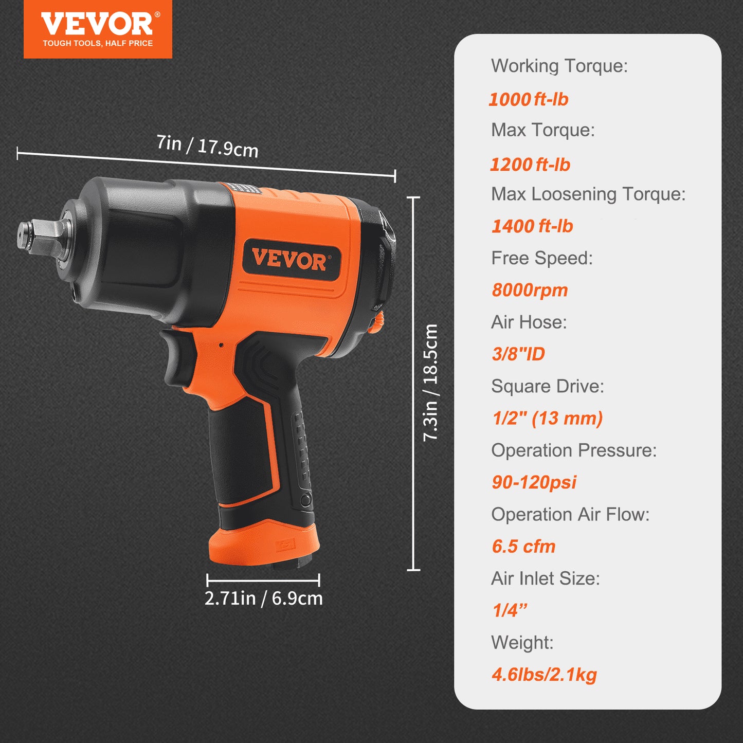 1/2-Inch Air Impact Wrench, High Torque Up to 1400 ft-lbs, Lightweight 4.6 lb Design Pneumatic Impact Gun with 11-PCS 1/2-Inch Drive CR-V Steel Impact Socket Set & Carrying Case
