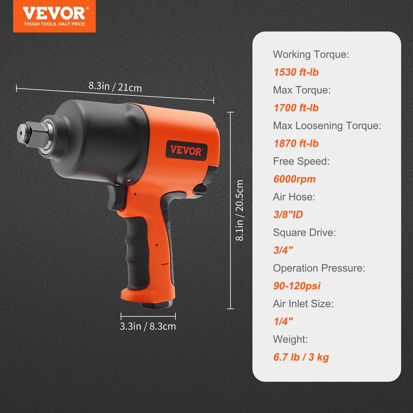Air Impact Wrench, 3/4-Inch Drive Air Impact Gun, Up to 1870ft-lbs Nut-busting Torque, Composite Pneumatic Impact Wrench for Auto Repairs and Maintenance Heavy Duty