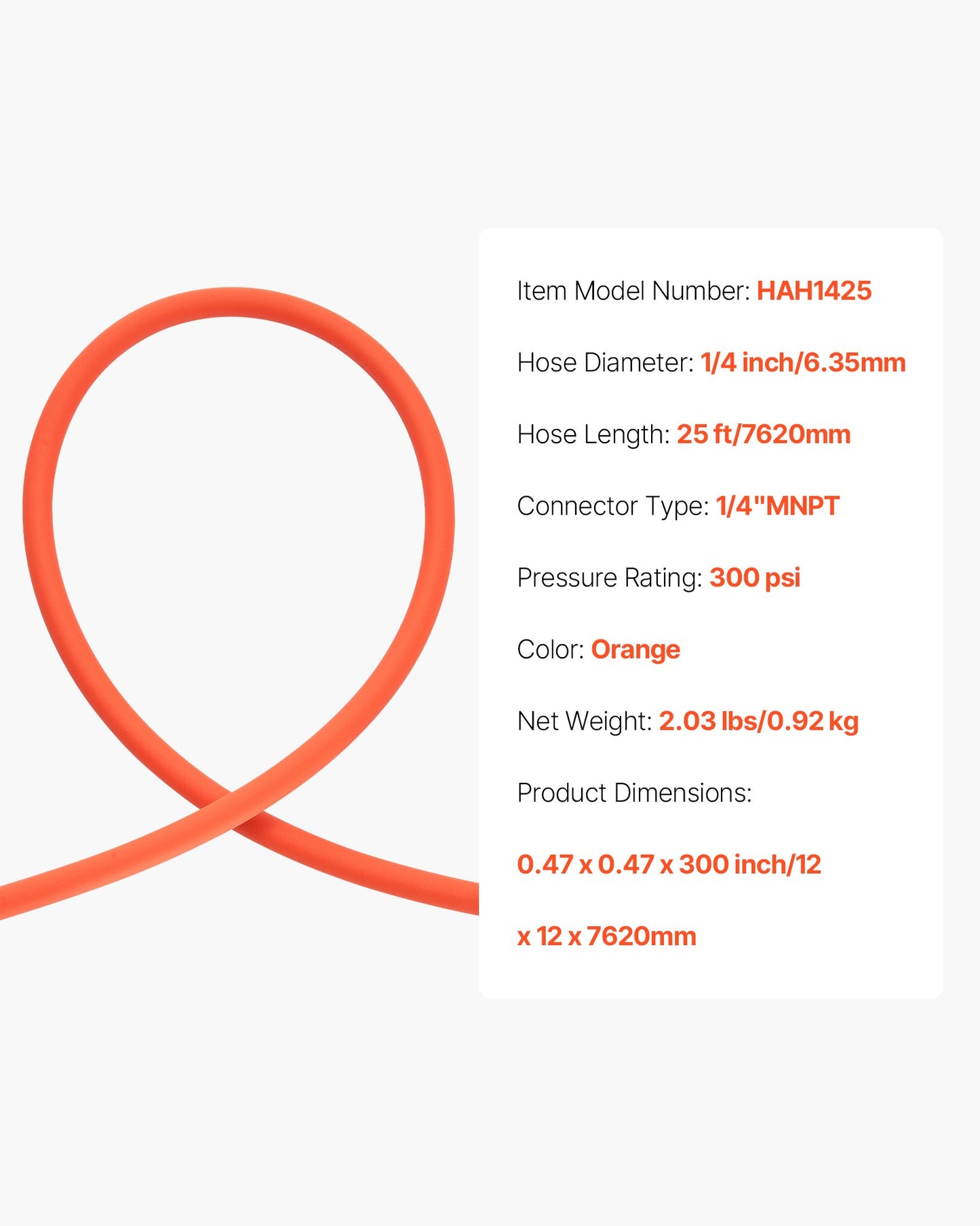 Air Hose, 1/4" x 25ft Hybrid Air Hose, Lightweight, Kink Resistant, Pneumatic Hoses with 1/4 inch Solid Brass Male Fittings, Three-Layer Hybrid Material, 300 PSI, All-Weather Flexibility, Orange