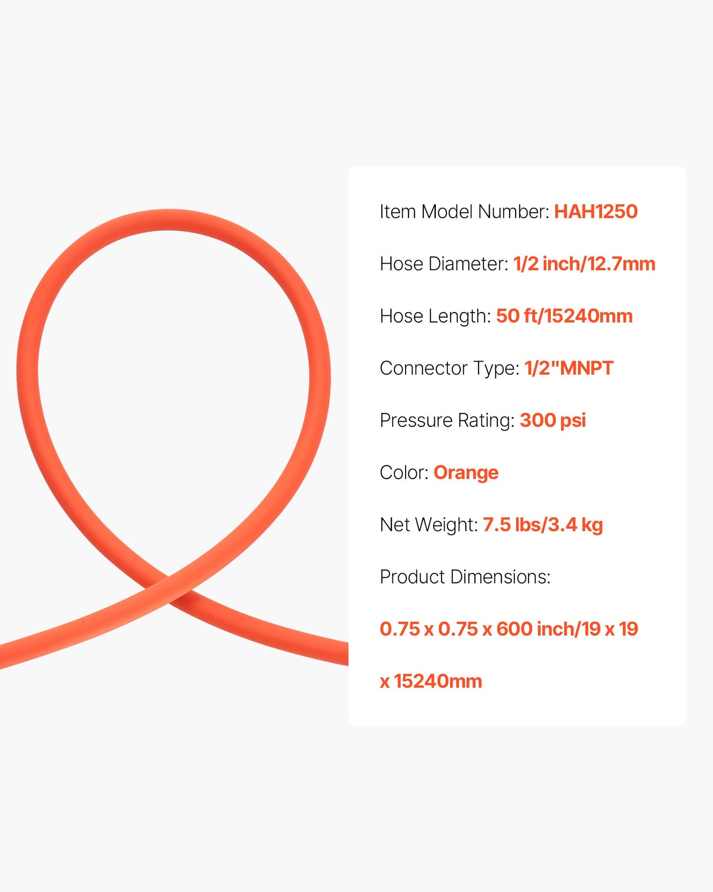 Air Hose, 1/2" x 50ft Hybrid Air Hose, Lightweight, Kink Resistant, Pneumatic Hoses with 1/2 inch Solid Brass Male Fittings, Three-Layer Hybrid Material, 300 PSI, All-Weather Flexibility, Orange