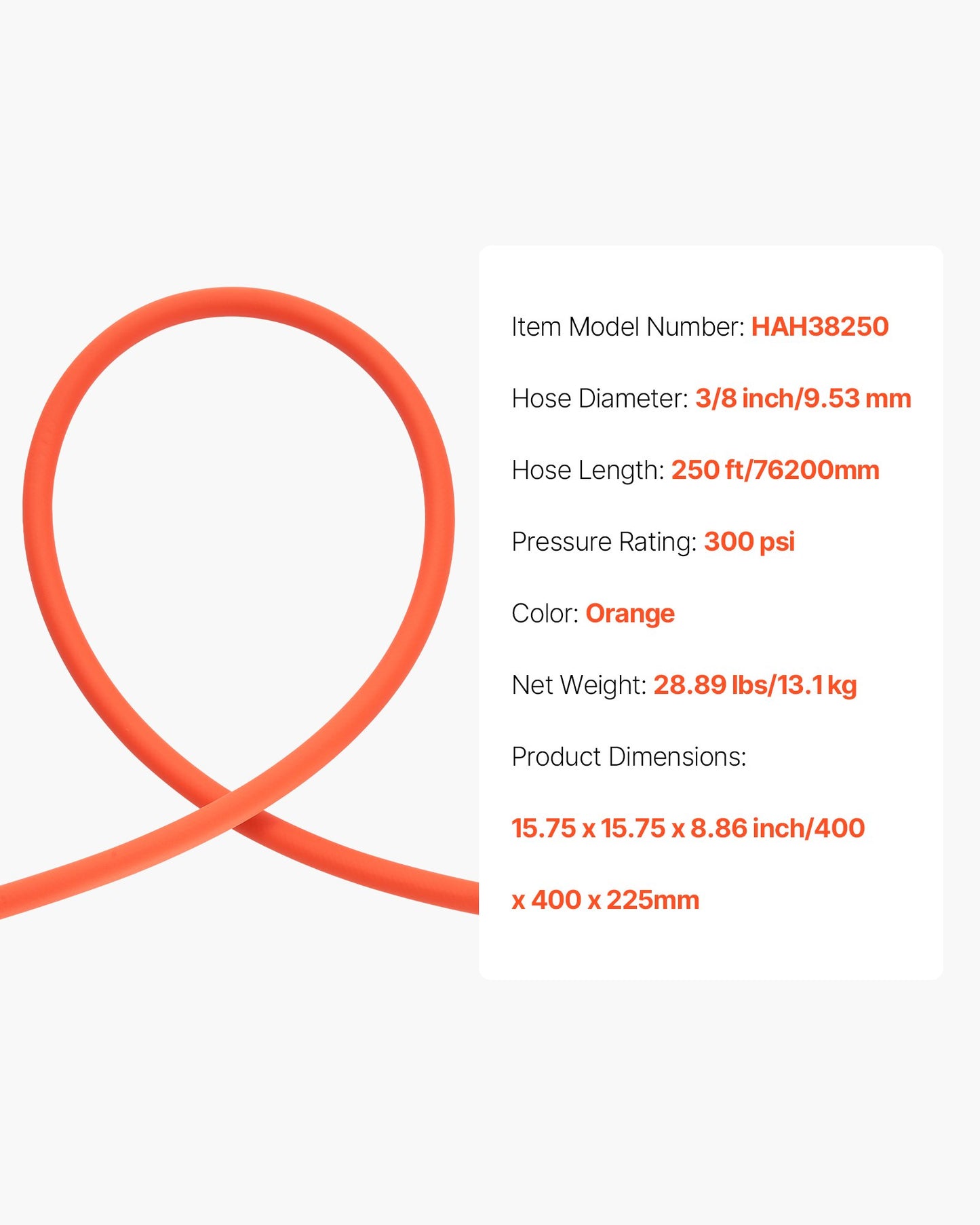 Air Hose, 3/8'' x 250ft Hybrid Air Hose, Lightweight, Kink Resistant, Pneumatic Hoses with Three-Layer Hybrid Material for Auto, Home & Building, 300 PSI, All-Weather Flexibility, Orange