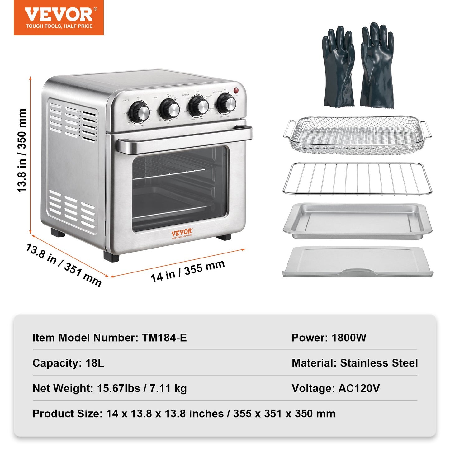 7-IN-1 Air Fryer Toaster Oven, 18L Convection Oven, 1700W Stainless Steel Toaster Ovens Countertop Combo with Grill, Pizza Pan, Gloves, 6 Slices Toast, 10-inch Pizza, Home and Commercial Use