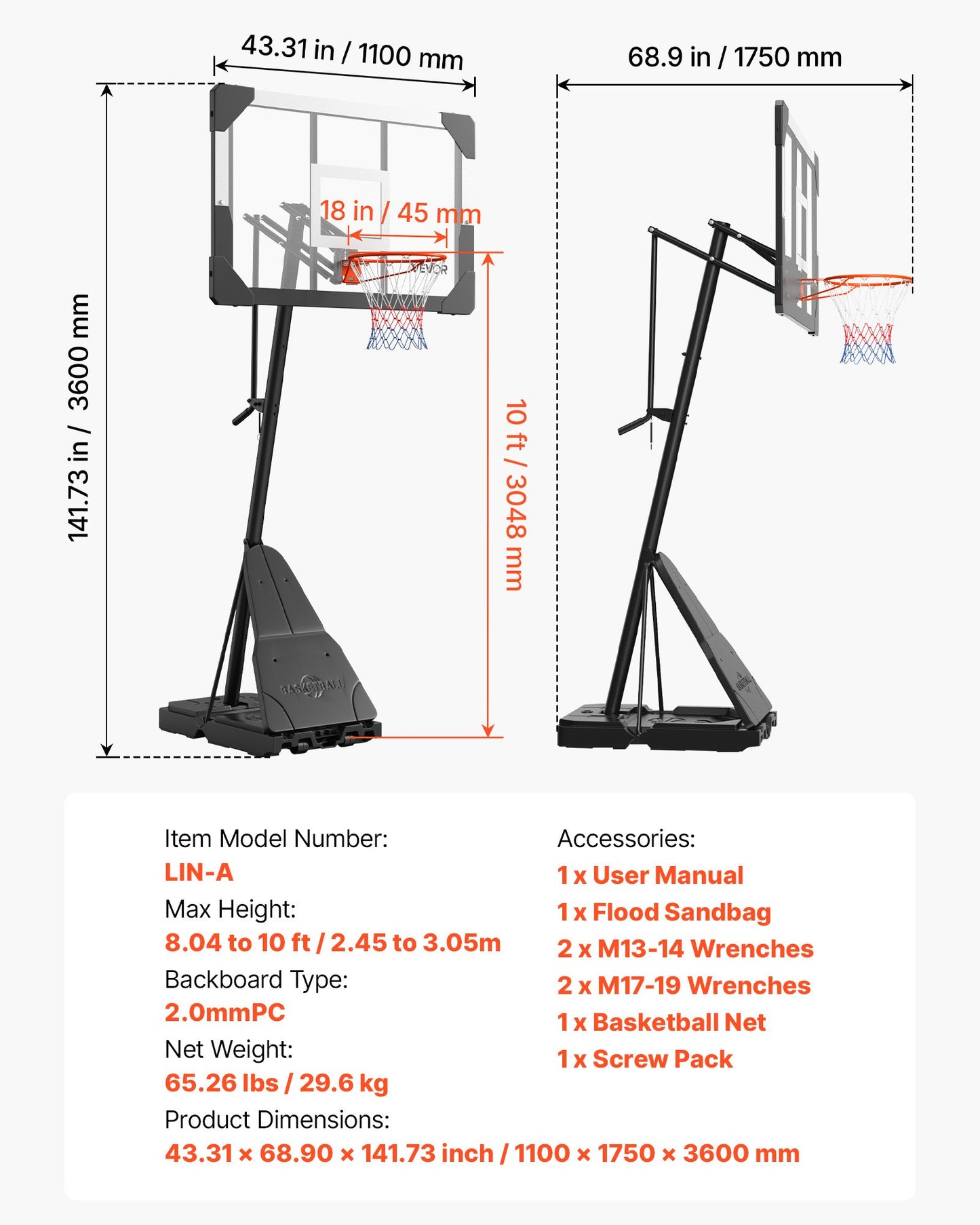 Portable Basketball Stand, 8.04 to 10 ft Height Adjustment Basketball Hoop & Goal, Basketballs Hoop Outdoor with 44 inch PC Backboard for Kids, Adults in Schools, Parks, Indoor & Outdoor Use