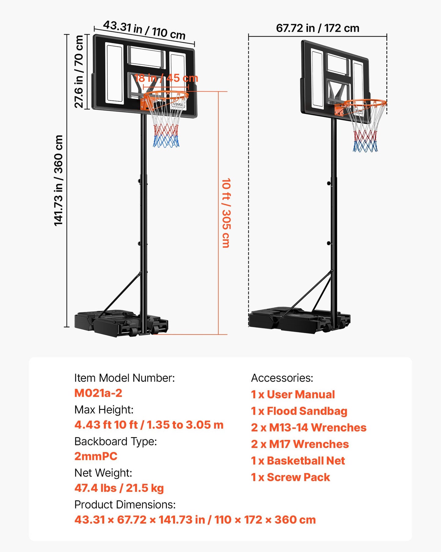 Portable Basketball Stand, 4.4 ft to 10 ft Height Adjustment Basketball Hoop & Goal, Adjustable Basketballs Goal System with Built-in Rolling Wheels for Kids, Teens, Adults in Driveways, Pools