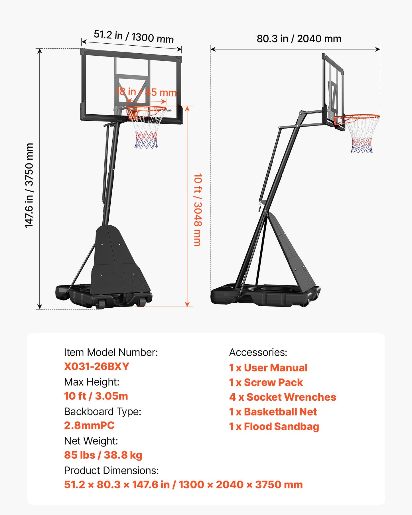 Portable Basketball Stand, 10 ft Height Adjustment Basketball Hoop & Goal, Basketballs Hoop Outdoor with 50 inch PC Backboard for Kids, Adults in Schools, Parks, Indoor & Outdoor Use