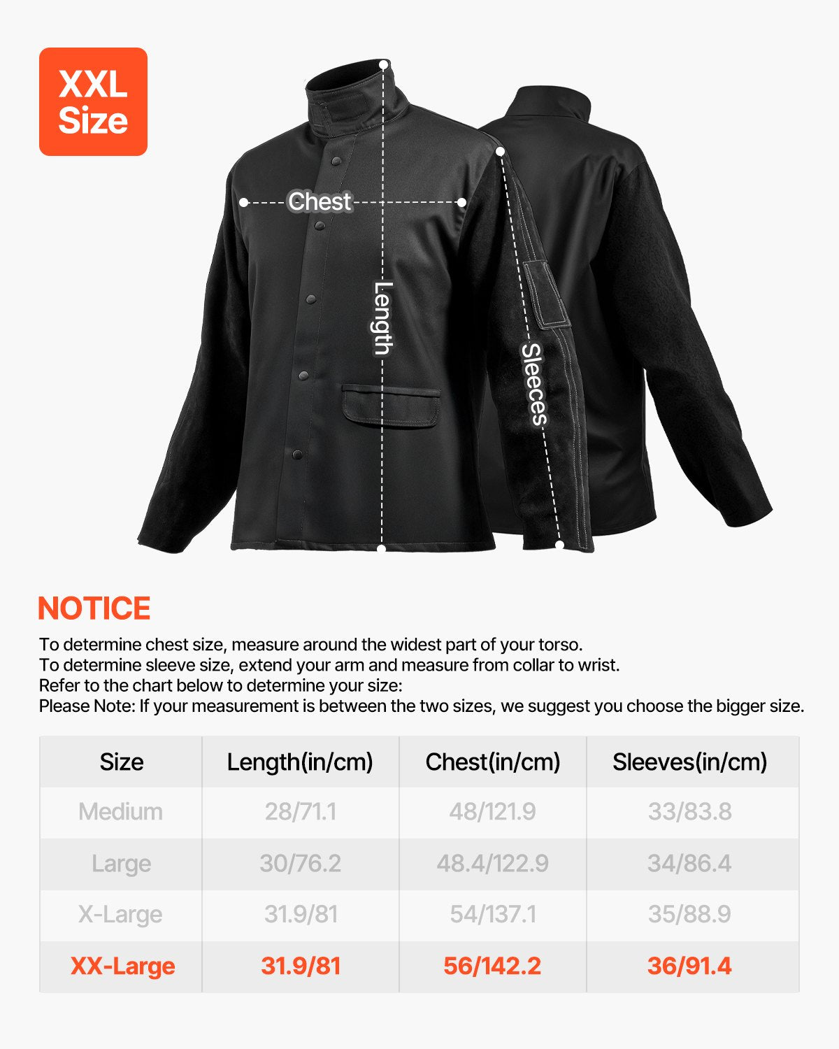 Flame Resistant Welding Jacket, Heavy Duty Split Cowhide Leather Sleeves + 9 oz. FR Pure Cotton Body, Heat-Resistant Welding Safety Jacket for Welder Fitters - XXL Size
