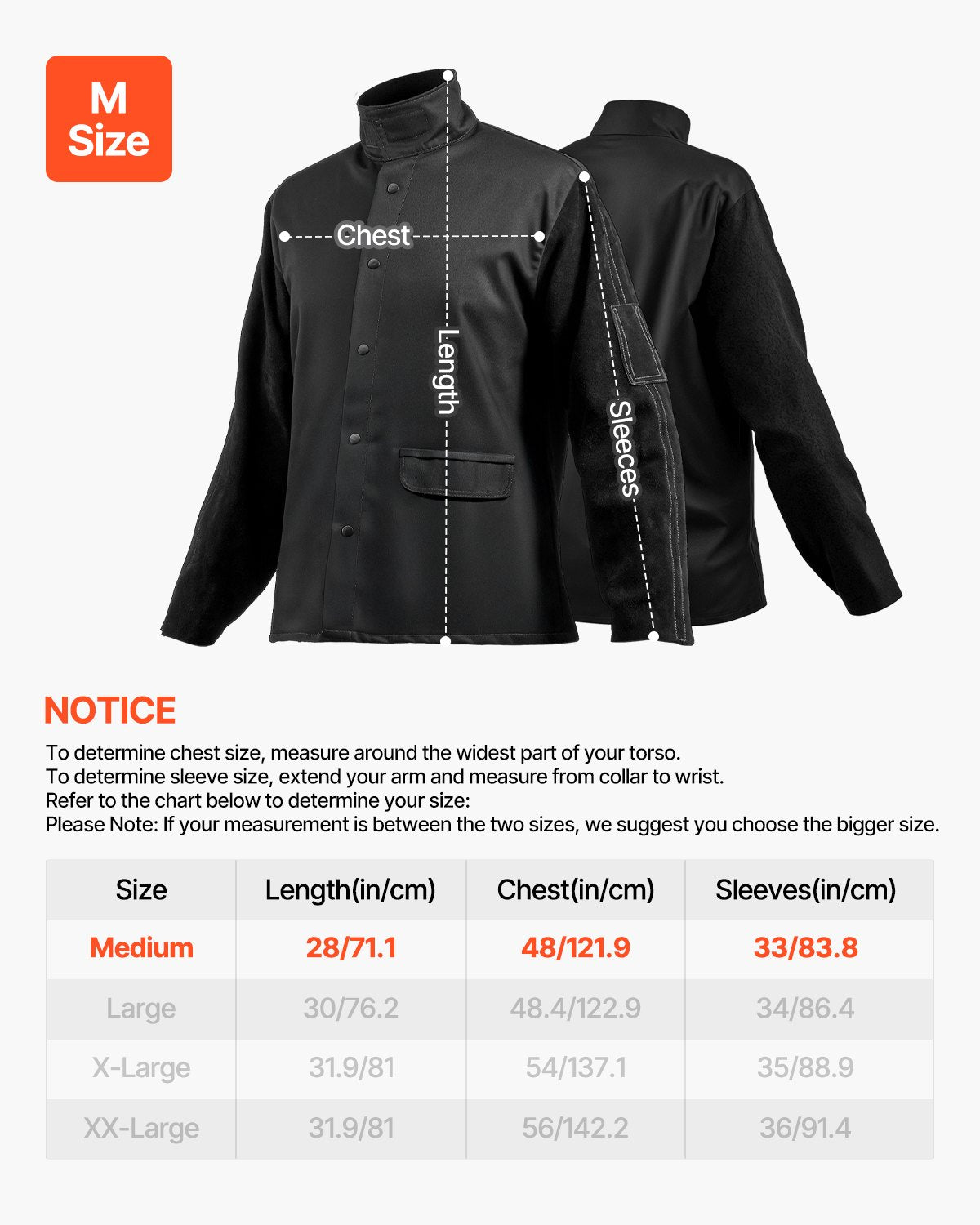 Flame Resistant Welding Jacket, Heavy Duty Split Cowhide Leather Sleeves + 9 oz. FR Pure Cotton Body, Heat-Resistant Welding Safety Jacket for Welder Fitters - M Size
