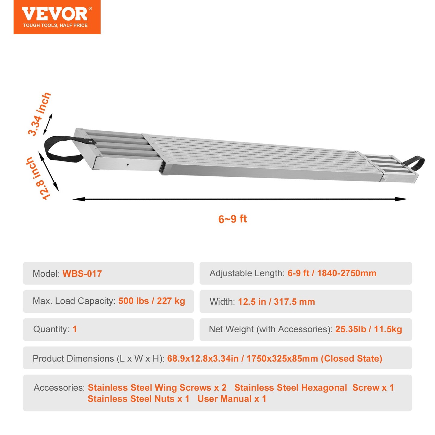 Telescoping Aluminum Work Plank, 6-9 Feet 500lbs Capacity, 12.5 inch Width Aluminum Scaffold Plank,Extension Staging Plank with Skid-Proof Platform Scaffold Ladder Accessory