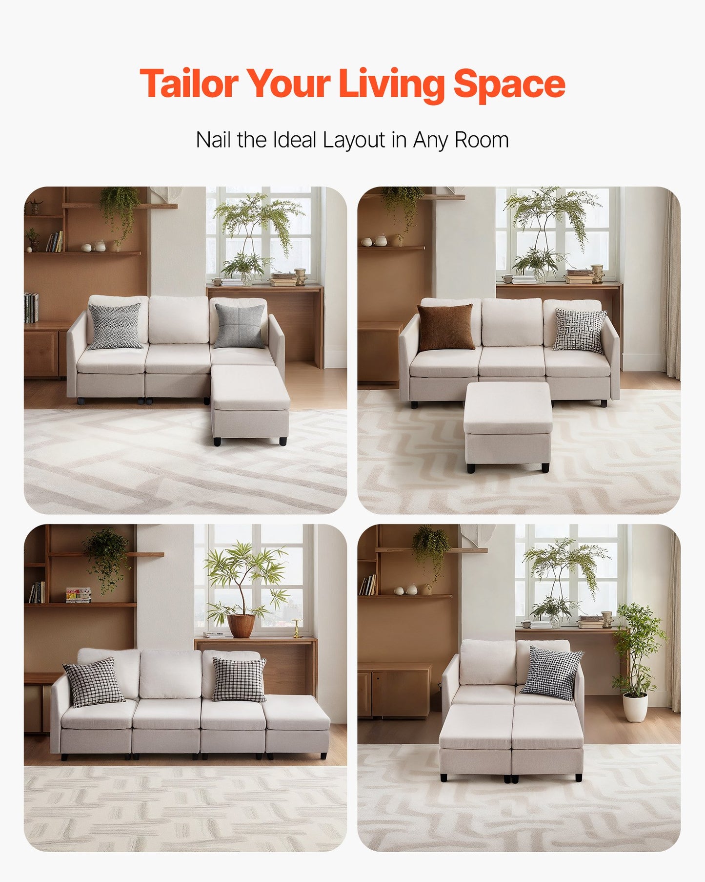 Modular Sectional Sofa, 3-Seater Modular Sofa with Hidden Storage, Cloud Sectional Couch with Ottoman & High Rebound Sponge, Solid Wood Frame Upholstered Couch for Living Room, Bedroom, Beige