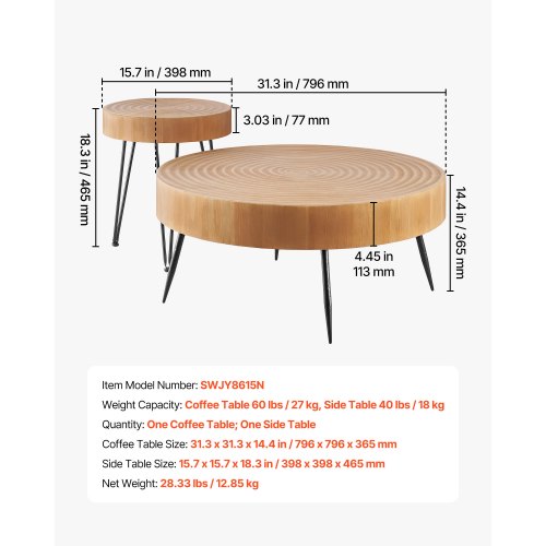 2-delat runt soffbordsset 89 cm med 1 sidobord för vardagsrum