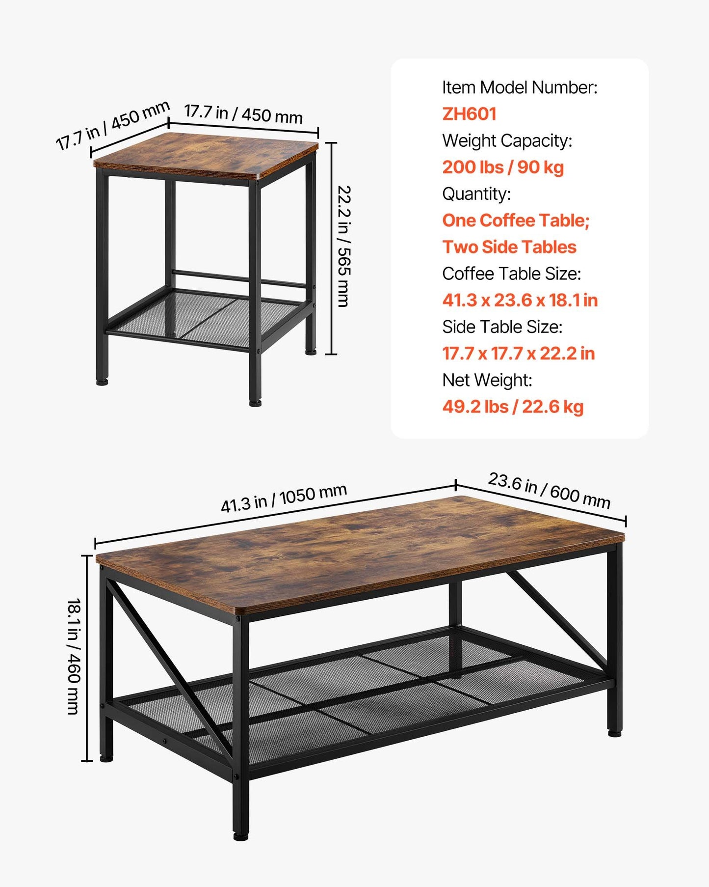 3 Pieces Living Room Table Sets, 41.3 in Industrial Coffee Table with 2 Square End Side Tables, Easy Assembly Coffee and End Tables Sets with Metal Legs, for Office, Living Room & Apartment