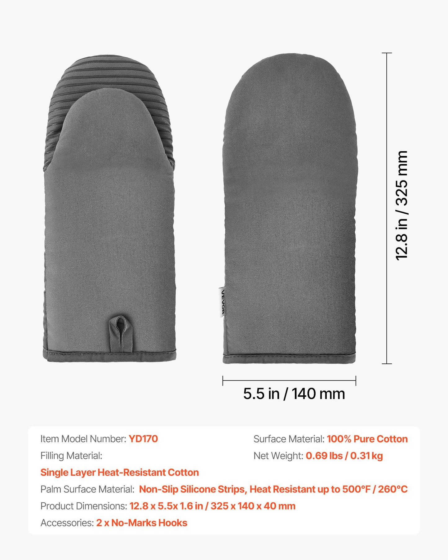Oven Mitts, Mini Oven Mitt Set with Non-Slip Silicone Strips, High Heat Resistant to 500℉, Lightweight Cotton Baking Mitts 13.07 x 6.1 inch with 2 No-Marks Hooks for Home, Kitchen, 2 Piece