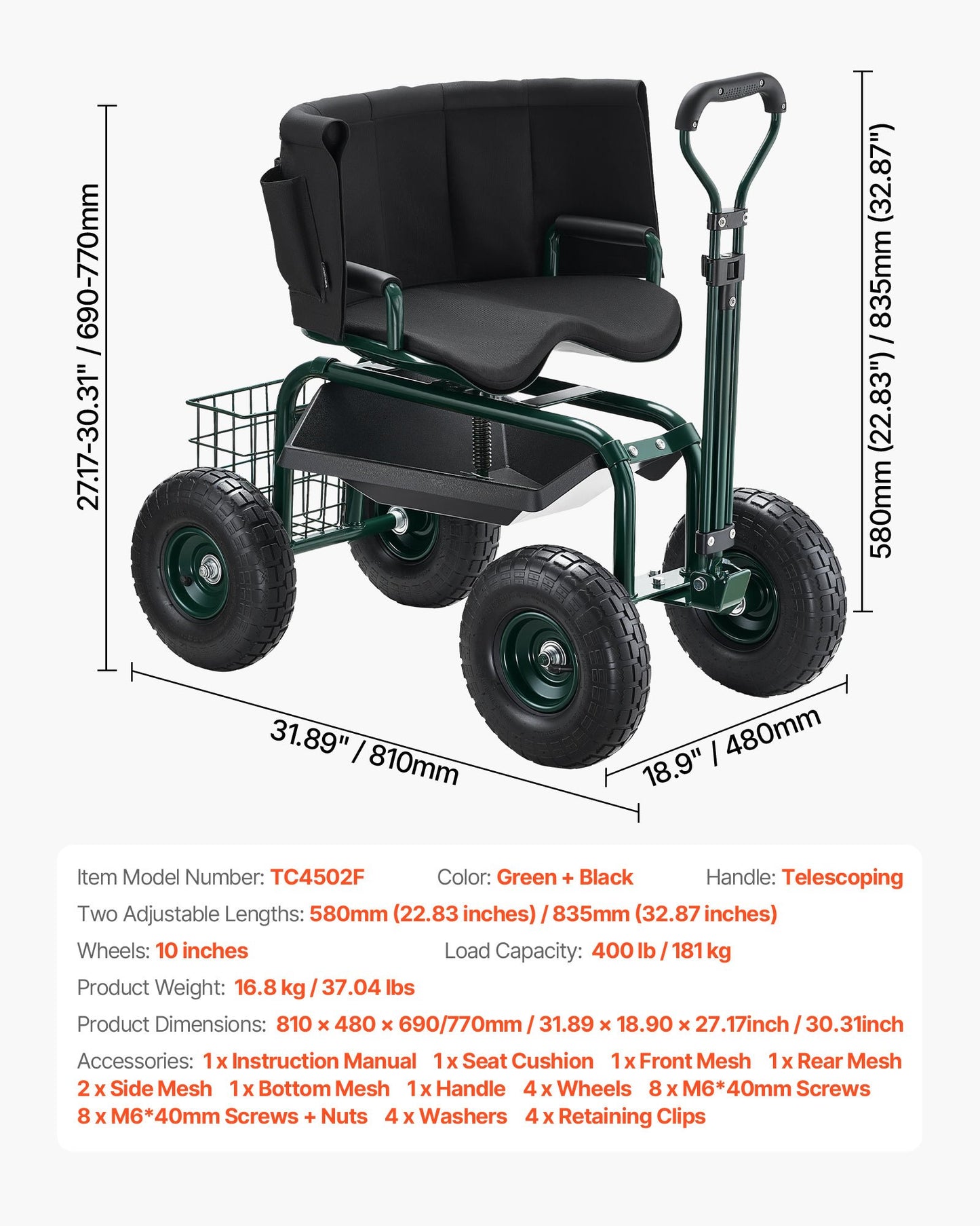 Garden Seat with Wheels, Rolling Garden Stool with Height Adjustable & 360° Swivel Seat, 400lbs Weight Capacity, Gardening Cart Bench, Ergonomic Backrest & Tool Storage, for Garden, Yard, Patio