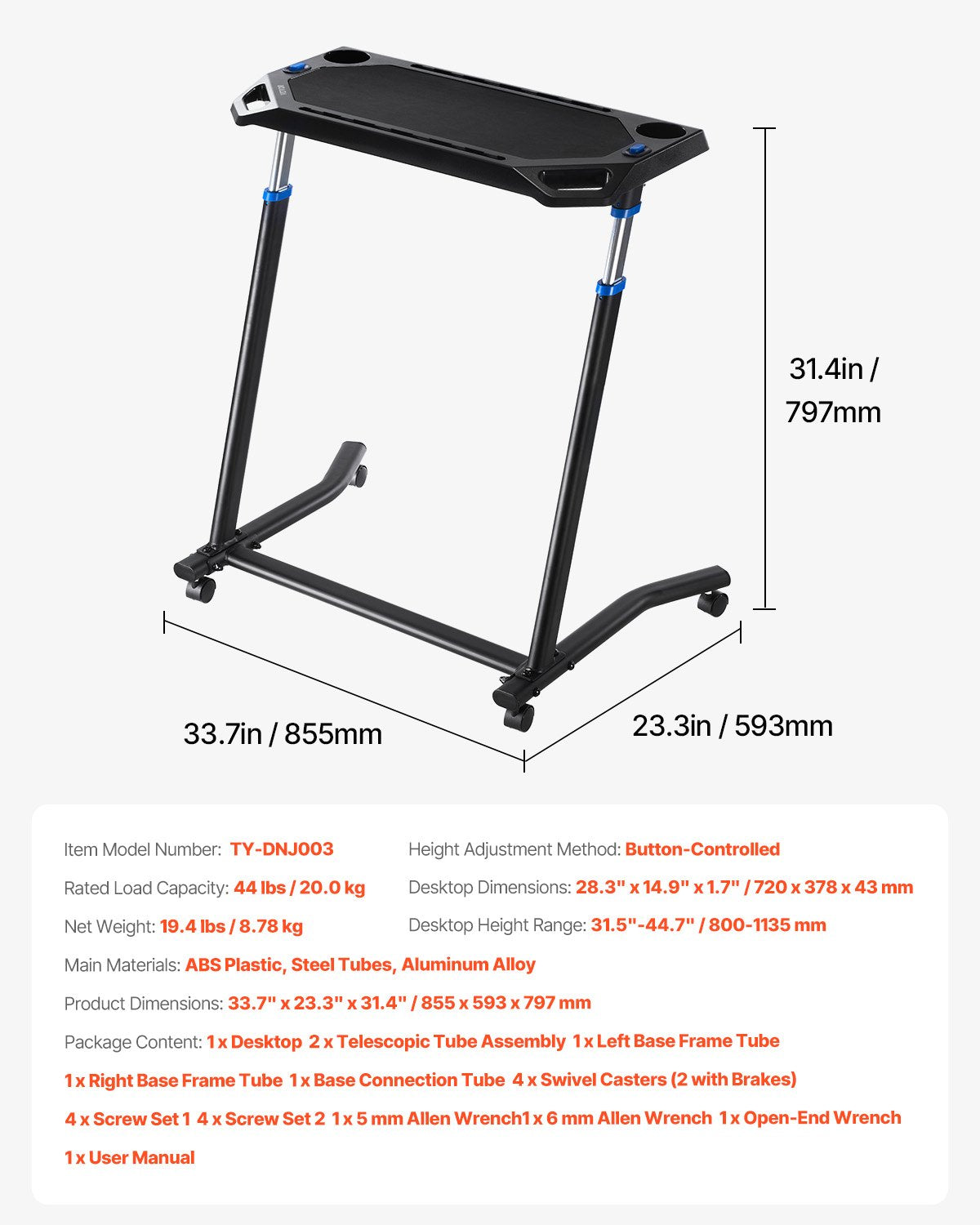 Cycling Desk, Mobile Foldable Multi-Functional Bike Trainer & Treadmill Desk with Lockable Wheels, Non-Slip Multi-Slot Bike Trainer Fitness Desk with Handle Bar, Fit for Home Office Exercise