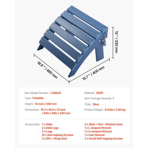 Adirondack Ottoman 15,7L x 18,9W x 13H tum HDPE fällbart fotstöd Blå | EU