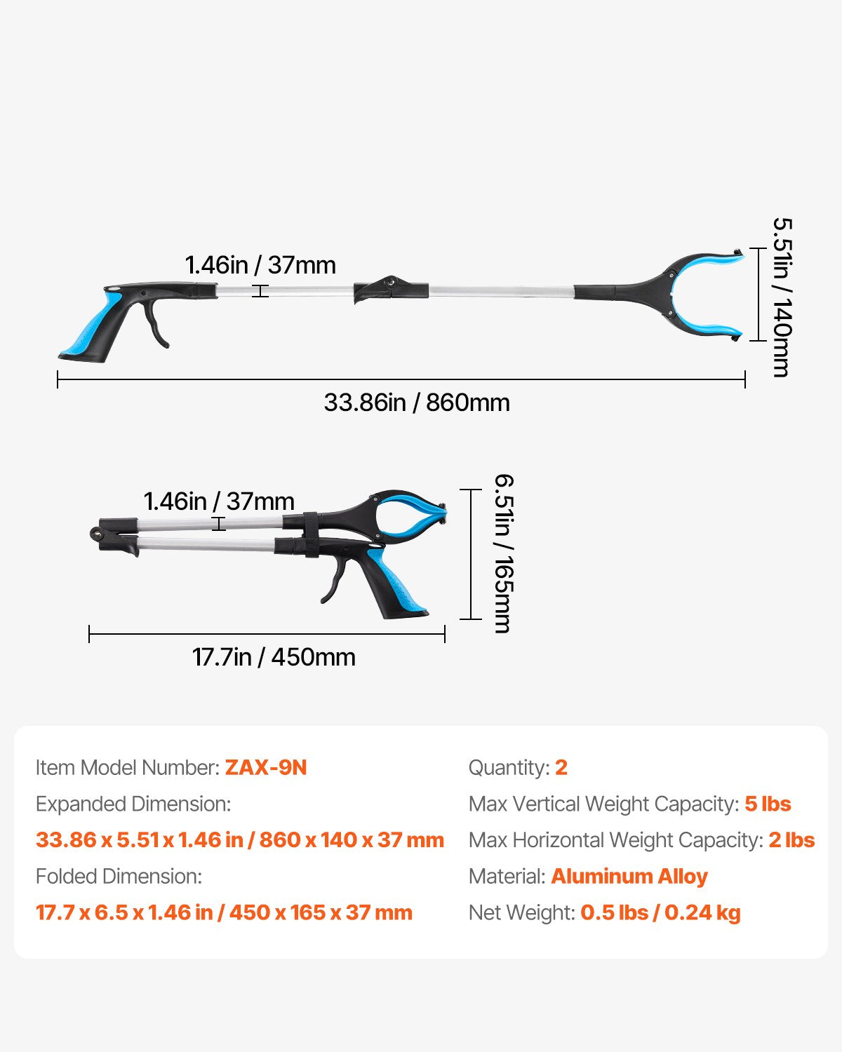 Grabber Reacher Tool, 2-Pack 34" Foldable Reacher Grabber Pickup Tool with 360° Rotating Wide Jaw and Dual-Sided Magnet, Lightweight Grabber Reacher Tool for Seniors, Trash Picker Upper Grabber