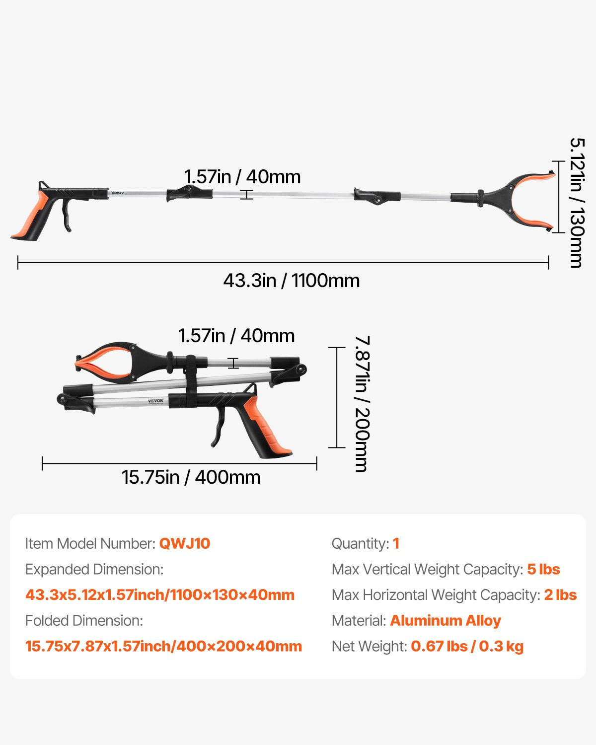 Grabber Reacher Tool, 43" Foldable Reacher Grabber Pickup Tool with 360° Rotating Jaw, Magnet and LED Light, Lightweight Grabber Reacher Tool for Seniors, Extra Long Trash Picker Upper Grabber