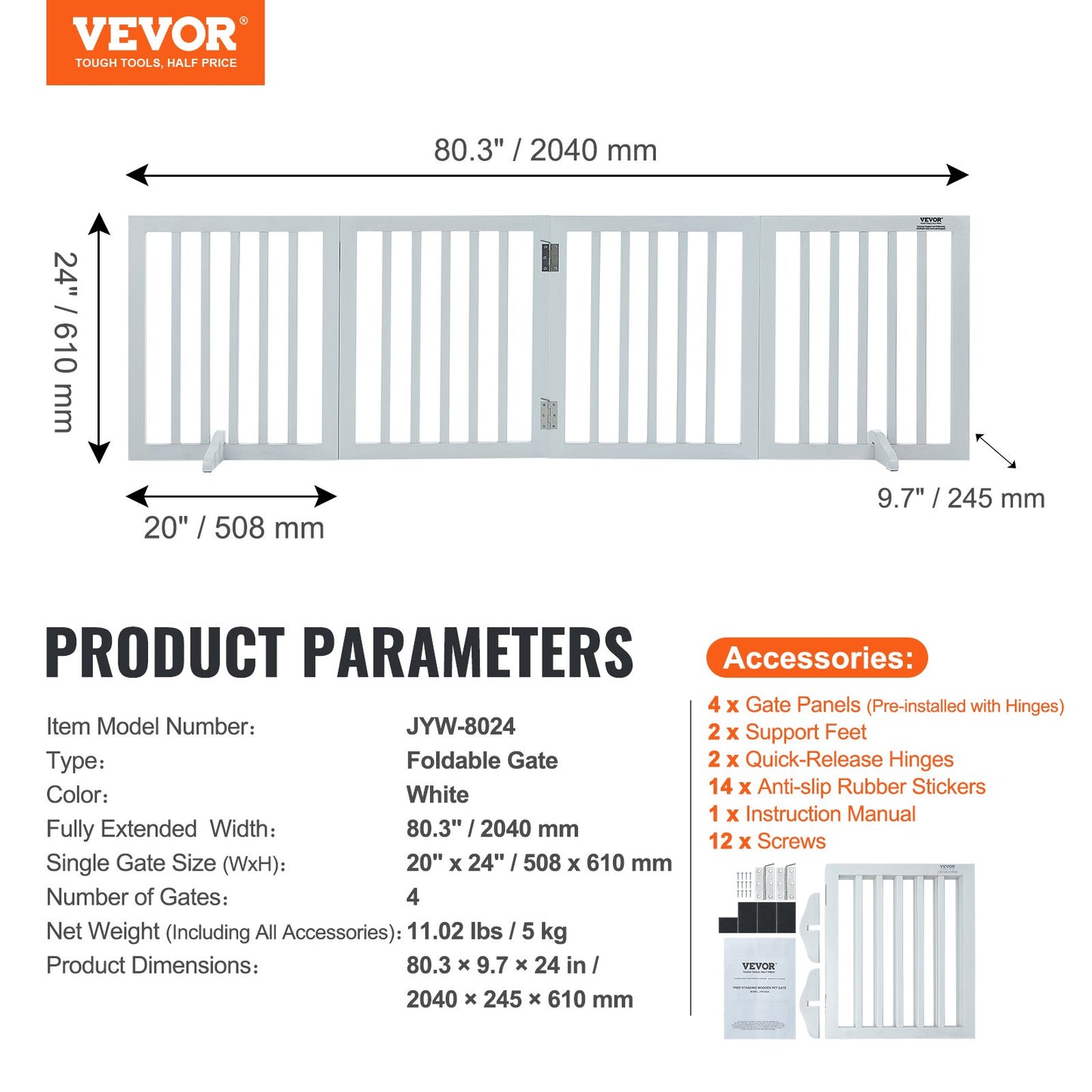 Free Standing Dog Gate, 24" H x 80.3" W Freestanding Pet Gate, 4 Panels Foldable Dog Gate for Wide and Narrow Passageways, Expandable Dog Barrier with Silent Foot Support for Indoor, White