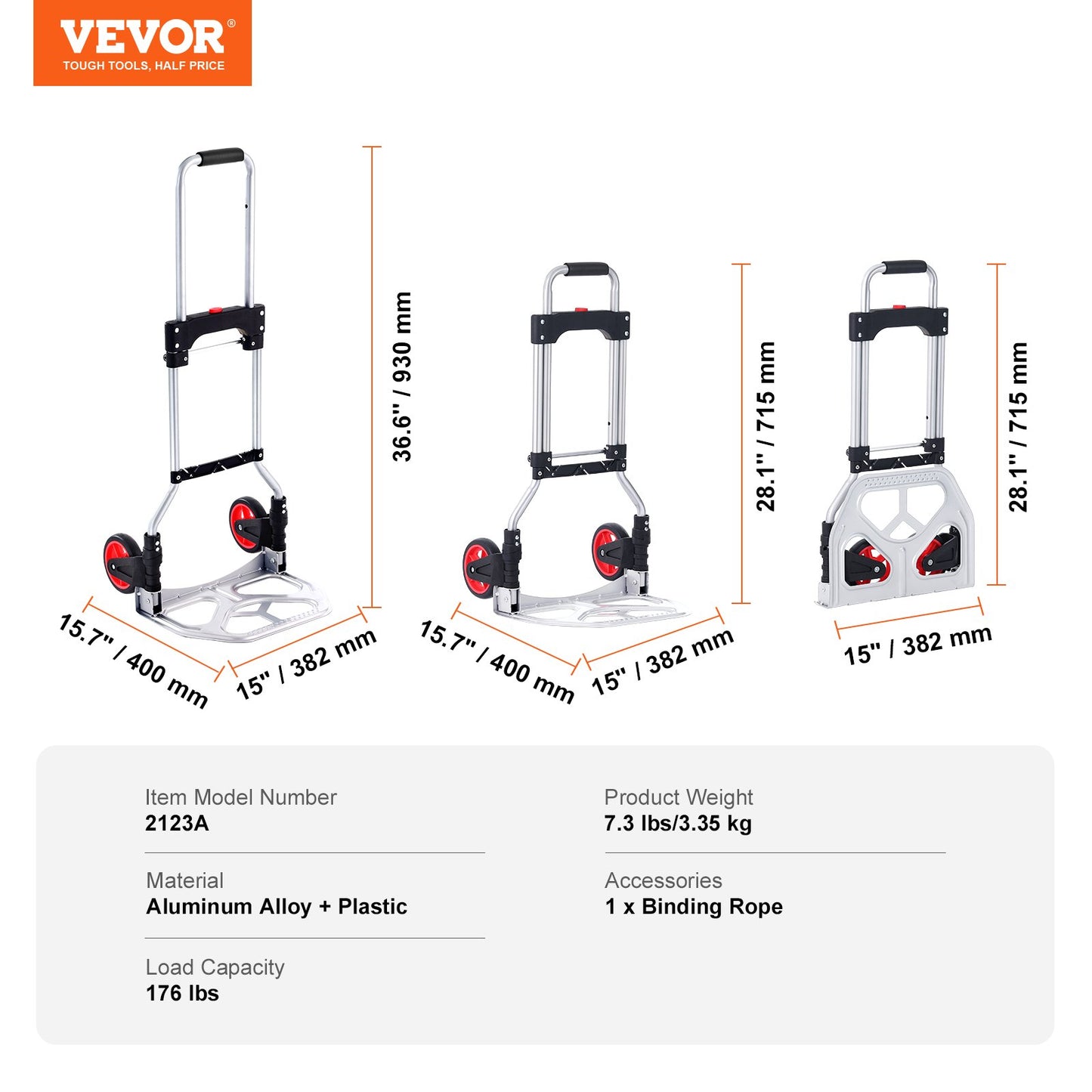 Folding Hand Truck and Dolly, 176 lbs Capacity, Aluminum Foldable Cart, Heavy-Duty Luggage Trolley Cart with Telescoping Handle and PP+TPR Wheels for Home, Office, Shopping, Travel