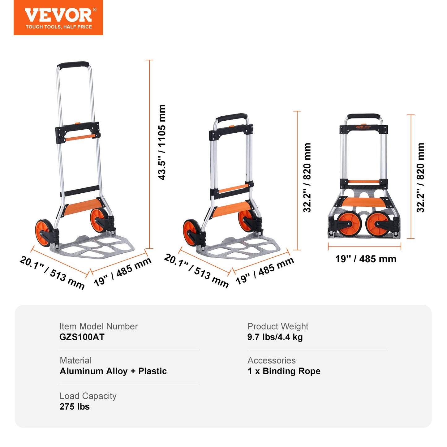 Folding Hand Truck, 275 lbs Load Capacity, Aluminum Portable Cart, Convertible Hand Truck and Dolly with Telescoping Handle and PP+TPR Wheels, Ultra Lightweight Super Strong for Moving Warehouse
