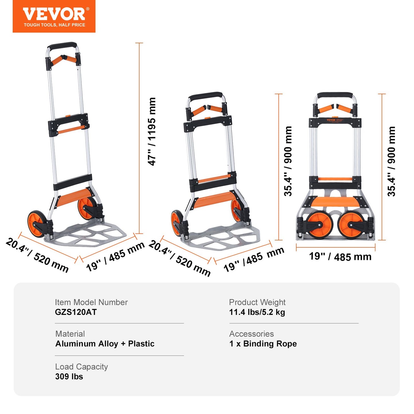 Folding Hand Truck, 309 lbs Load Capacity, Aluminum Portable Cart, Convertible Hand Truck and Dolly with Telescoping Handle and PP+TPR Wheels, Ultra Lightweight Super Strong for Moving Warehouse