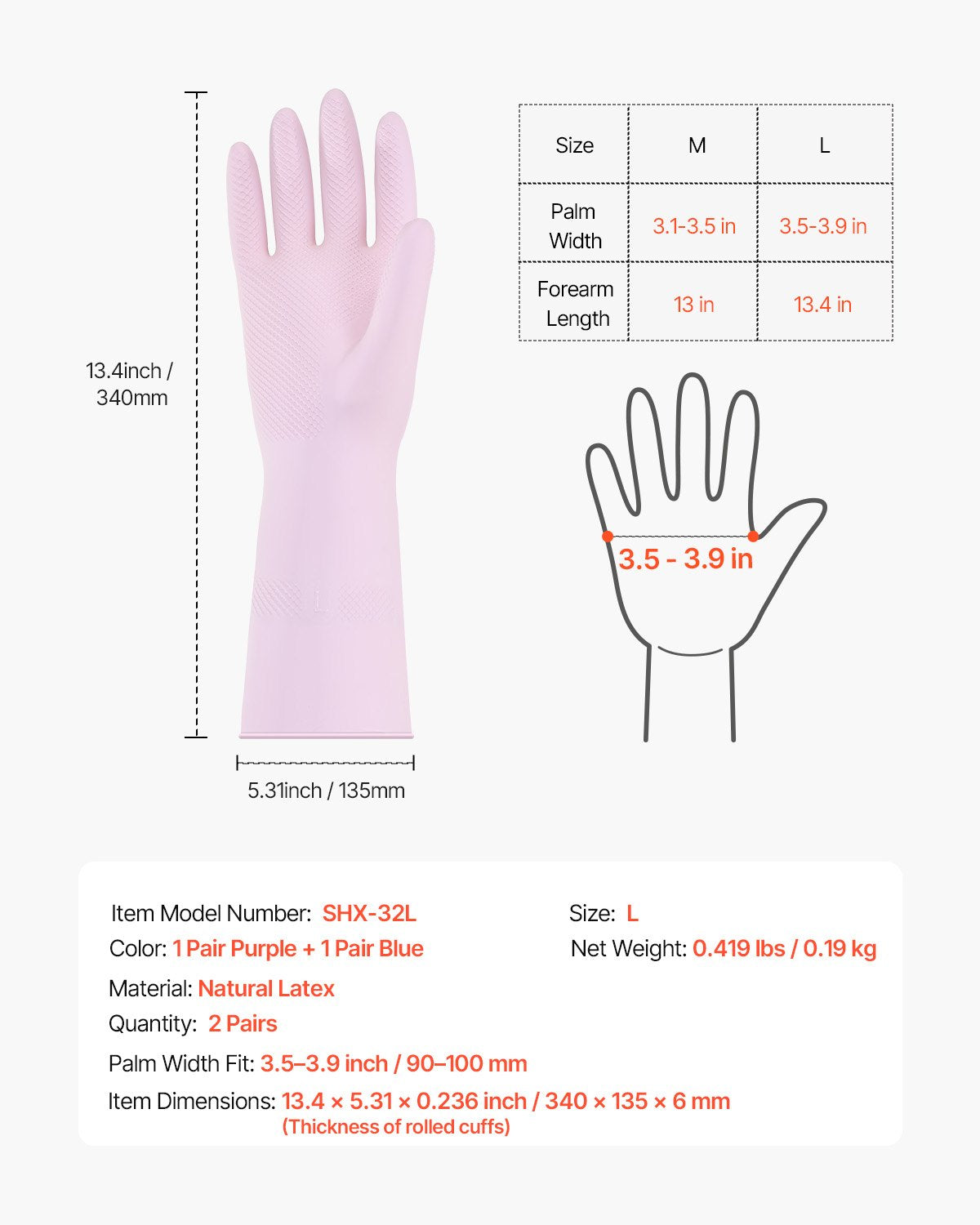 Reusable Dishwashing Gloves, 2 Pairs Colorful Reusable Household Kitchen Cleaning Gloves for Washing Dishes and Cleaning Tasks, Flexible Long-lasting and Non-Slip, Large, Pink + Purple