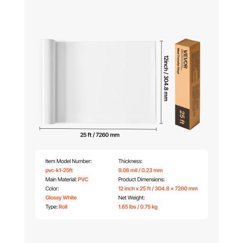 Värmeöverföringsvinyl HTV Strykvinylrulle 304,8 x 7260 mm Glansig vit | EU
