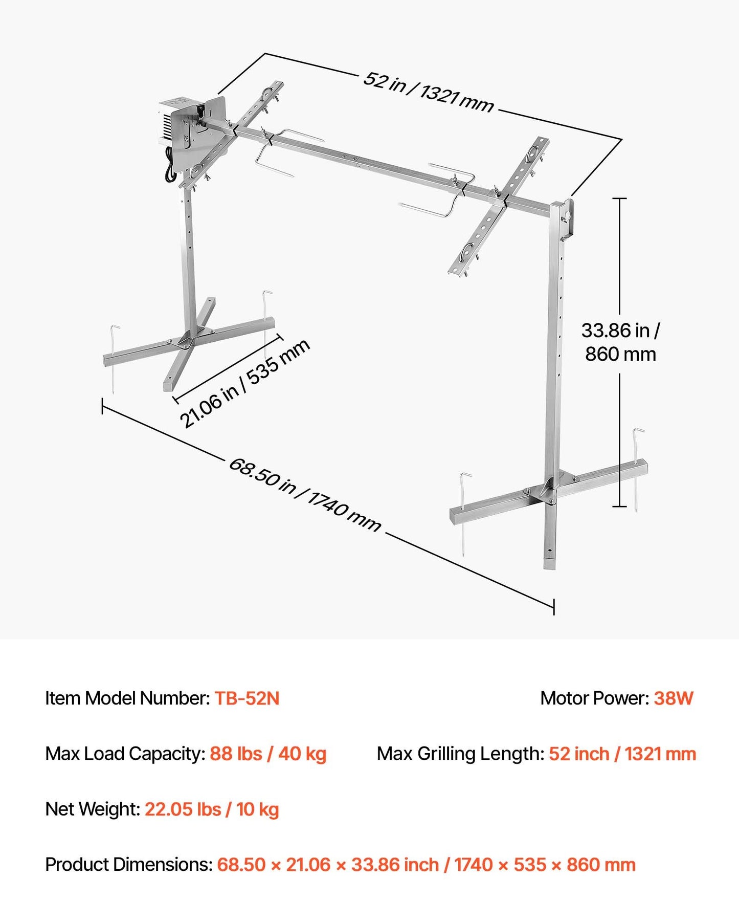 Rotisserie Grill, AC120V 8 Level Height Electric Rotisserie Grill Kit, BBQ Grills Rotisseries Kit with 88 lbs Load Capacity, 38W Motor, Stainless Steel Automatic Grilling Kits for Parties