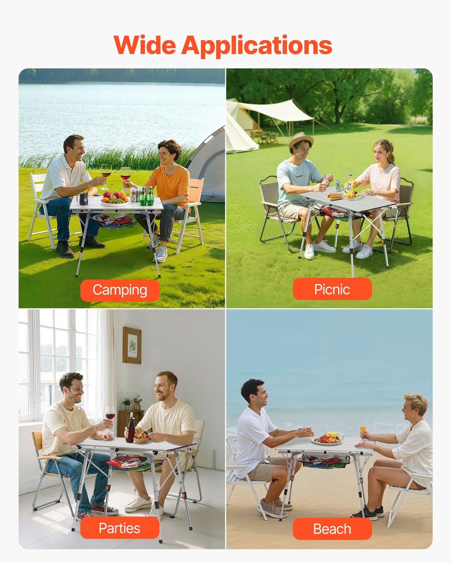 Folding Camping Table, Portable Roll Up Side Tables, Lightweight Aluminum Beach Table with Adjustable Height, Top Mesh Layer and Carry Bag, For Outdoor BBQ Tailgating Picnic, Travel, Silver