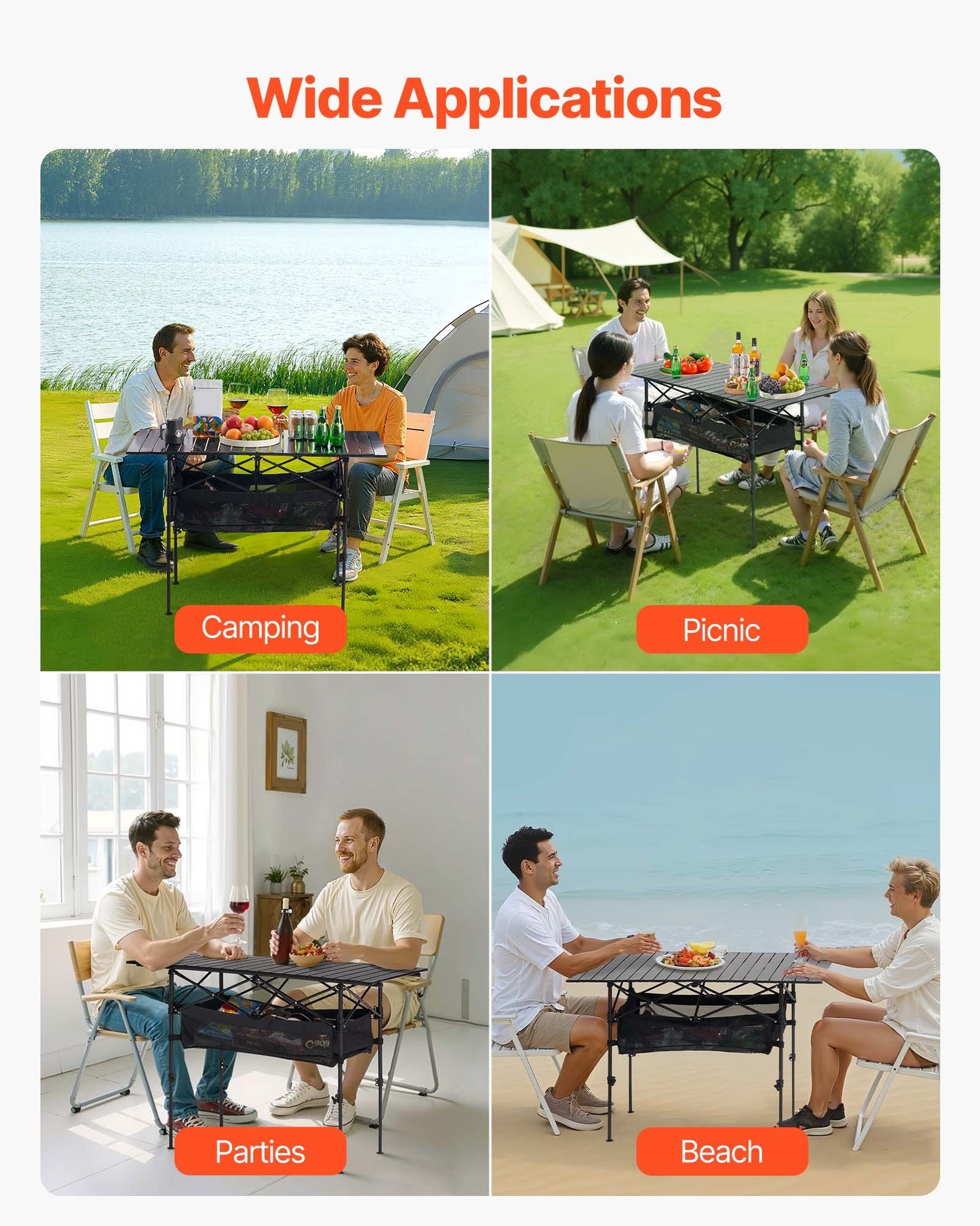 Folding Camping Table, Portable Roll Up Side Tables, Lightweight Aluminum Beach Table with Adjustable Height, Large Storage Bag and Carry Bag, For Outdoor BBQ Tailgating Picnic, Travel, Black