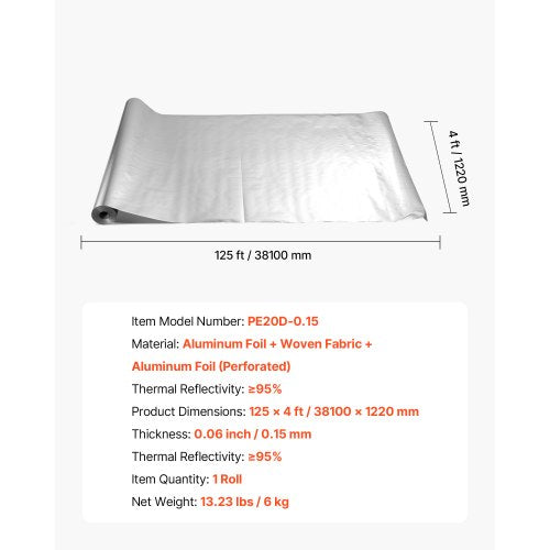 Dubbelreflekterande isoleringsrulle, perforerad vävd strålningsbarriär, 0,15 mm 38,1 m x 1,22 m, dubbelsidig aluminiumfolie värmereflekterande sköld, värmeisoleringsrulle för fönster husbilstak | EU