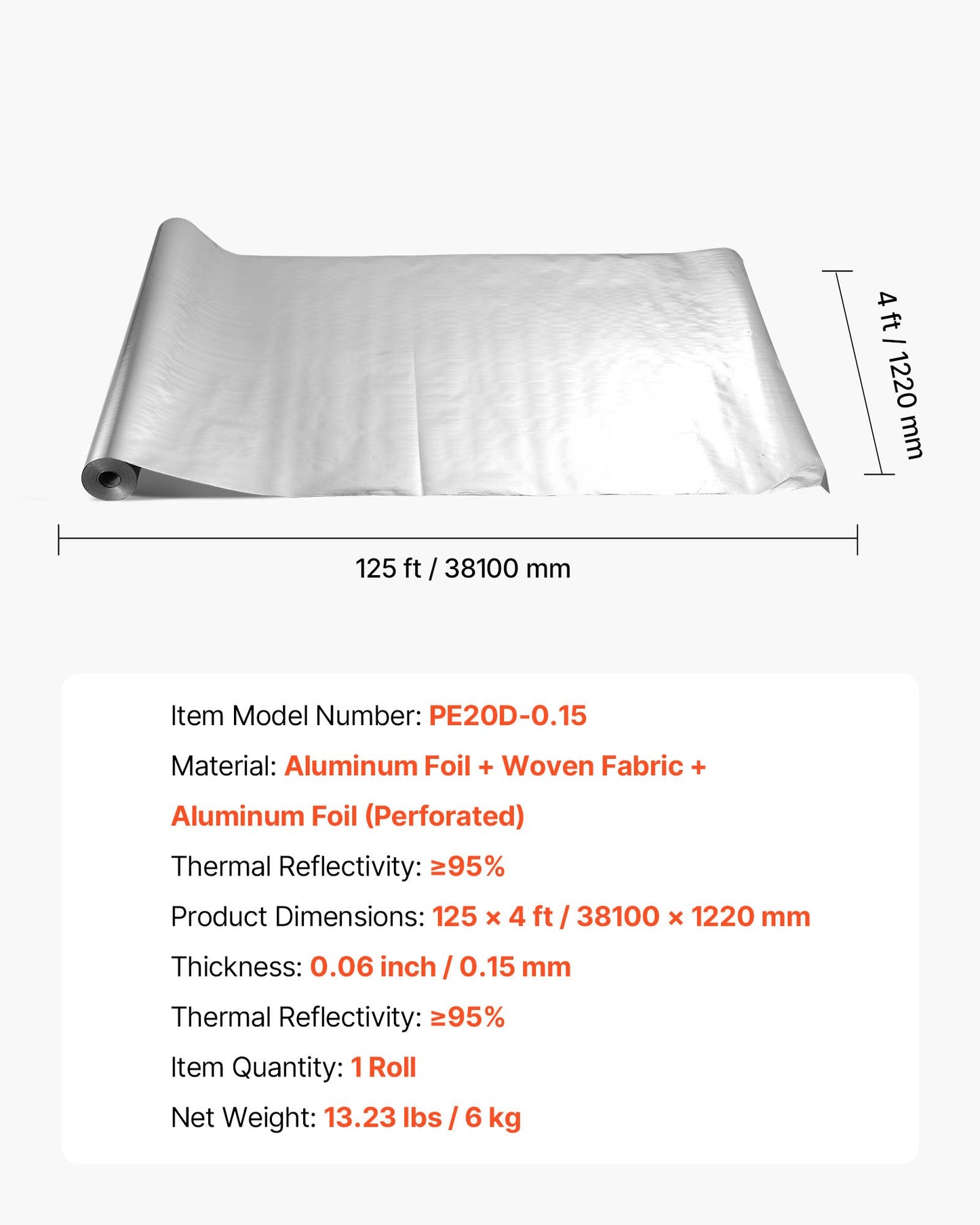Double Reflective Insulation Roll, Perforated Woven Fabric Radiant Barrier, 0.15mm 48 in x 125 ft, Double-Sided Aluminum Foil Heat Reflective Shield, Thermal Insulation Roll for Window RV Roof