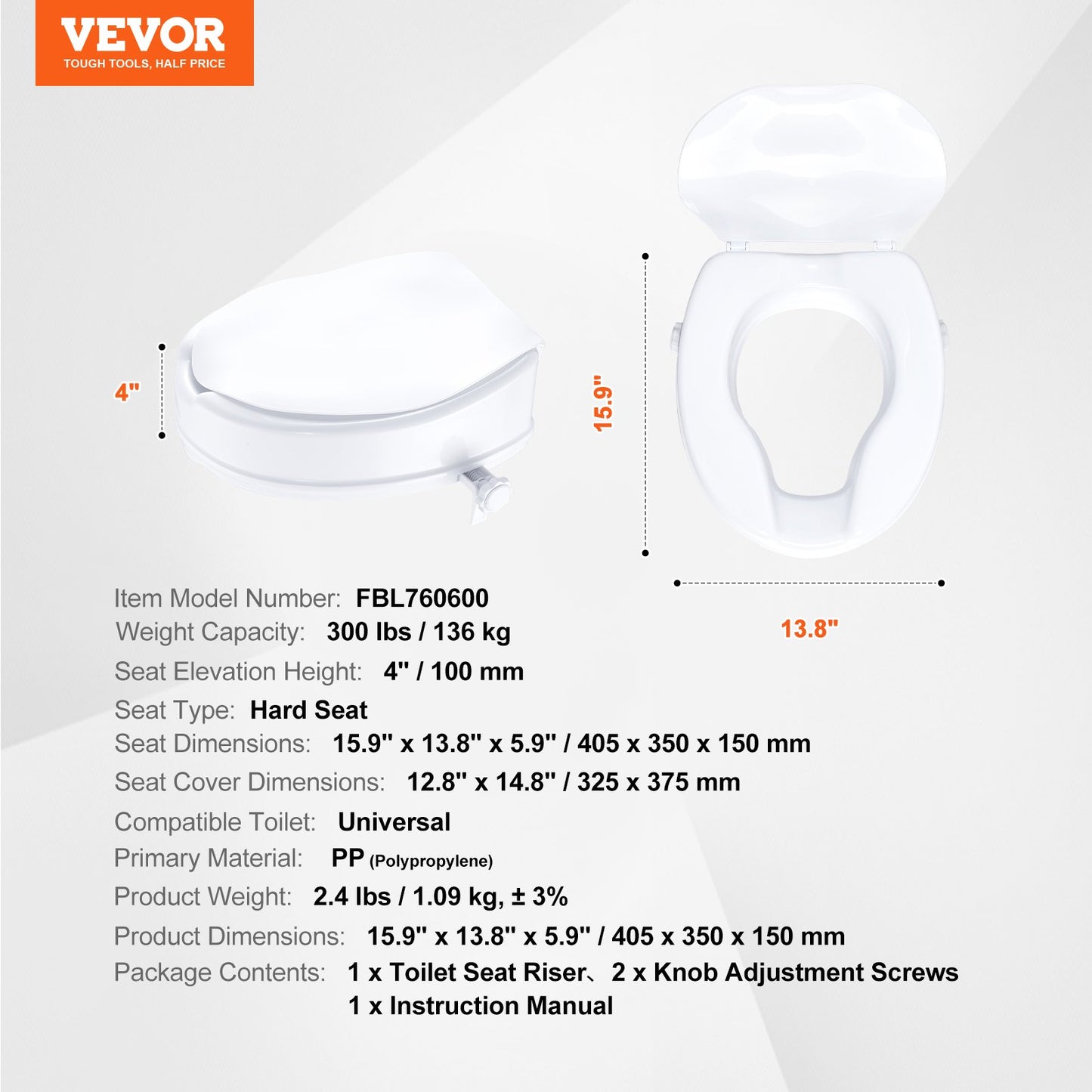 Raised Toilet Seat, 4" Height Raised, 300 lbs Weight Capacity, Universal Toilet Seat Riser, Screw Rod Locking, with Toilet Seat, for Elderly, Handicap, Patient, Pregnant, Medical