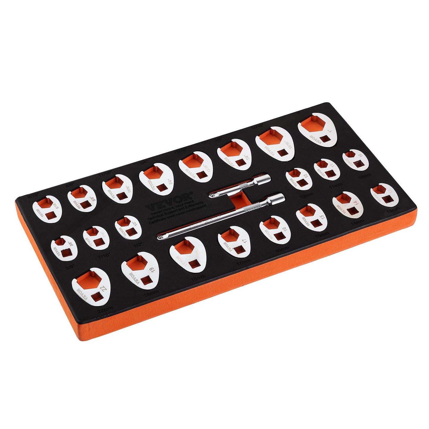 3/8" Drive Crowfoot Wrench Set with 2 Extension Bars, 24-Piece Crows Foot Wrench Set, SAE 3/8"-1" and Metric 10-22 mm, CR-MO Steel Crowfoot Wrench Set, with EVA Tool Organizer