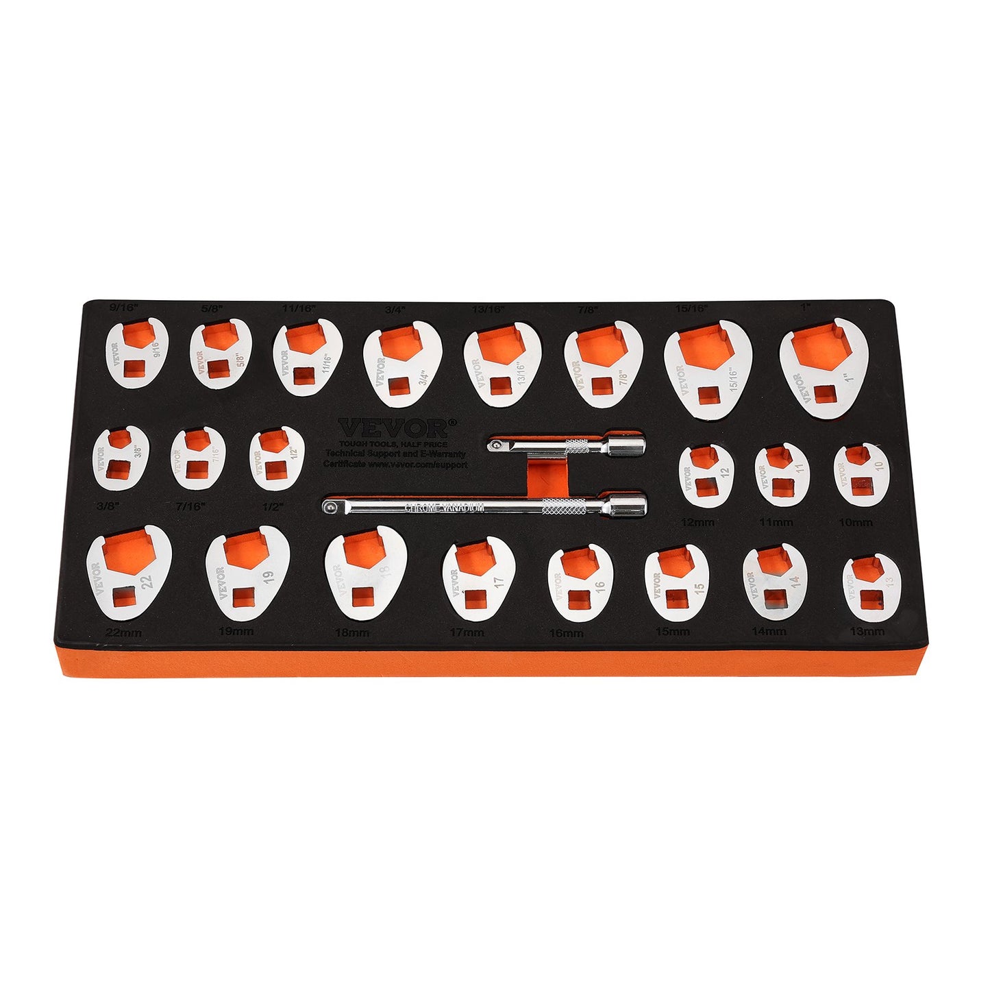 3/8-Zoll-Antriebs-Hahnenfußschlüsselsatz mit 2 Verlängerungen, 24-teiliger Hahnenfußschlüsselsatz, SAE 3/8"-1" und metrisch 10-22 mm, CR-MO-Stahl-Hahnenfußschlüsselsatz, mit EVA-Werkzeug-Organizer