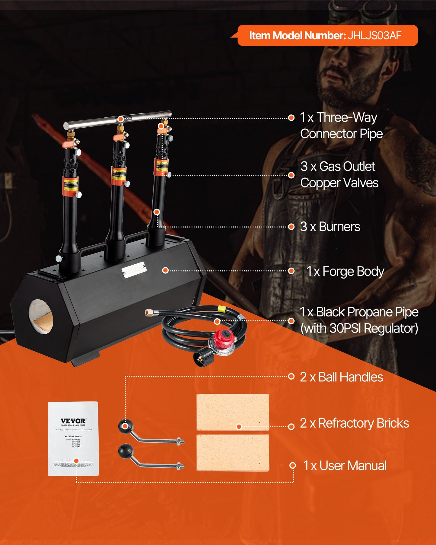 Portable Propane Forge, 3 Burners, 2600℉ Tool and Knife Making Blacksmithing Farrier Forge, Large Capacity Hexagon, Cold-Rolled Steel Gas Forging Tools and Equipment, Use for Metal Forging