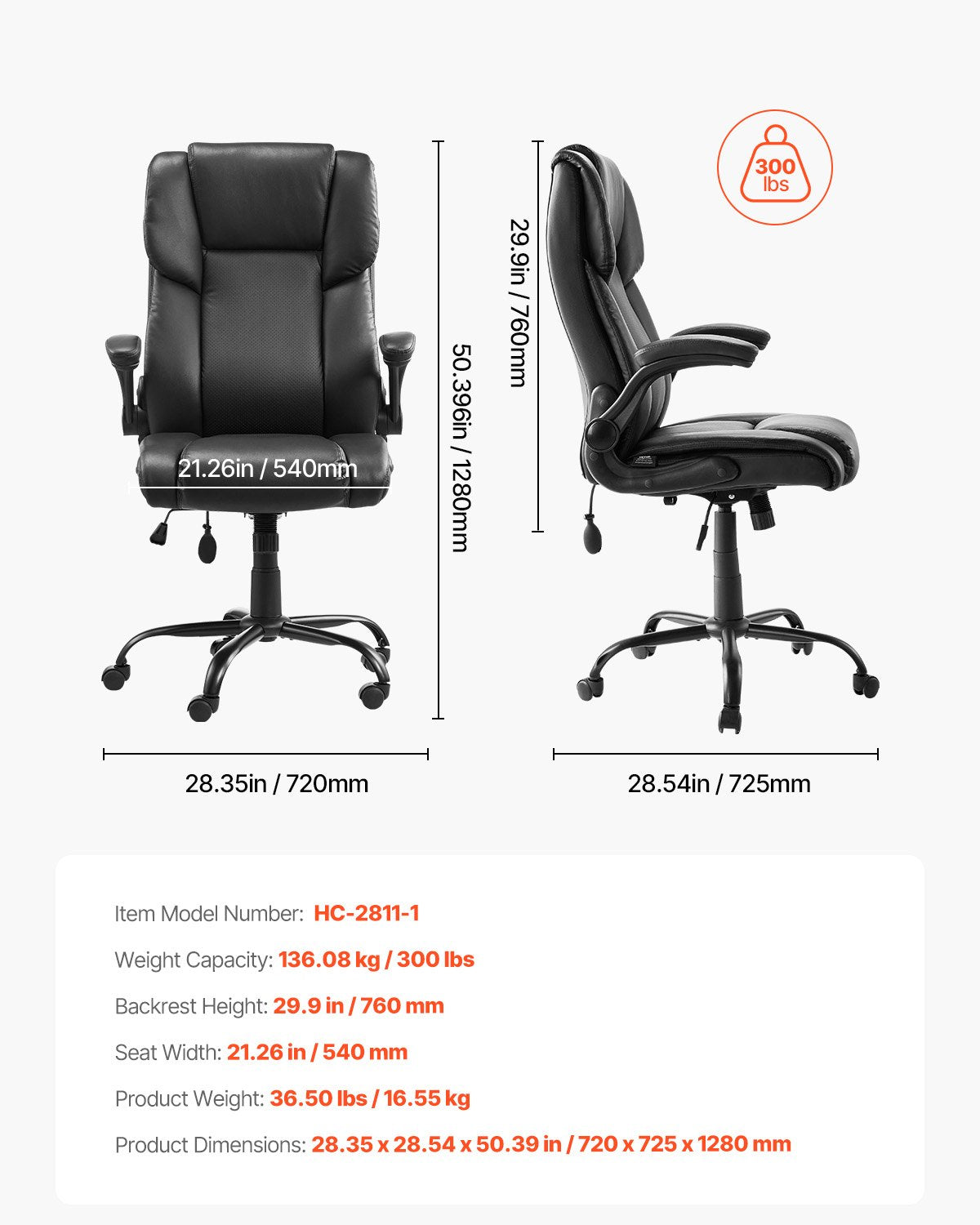 Executive Office Chair with Lumbar Support, 300lb Capacity Office Chair with Flip-up Armrests & Lumbar Pillow, Height Adjustable Ergonomic Chair, PU Leather Reclining Home Office Desk Chairs